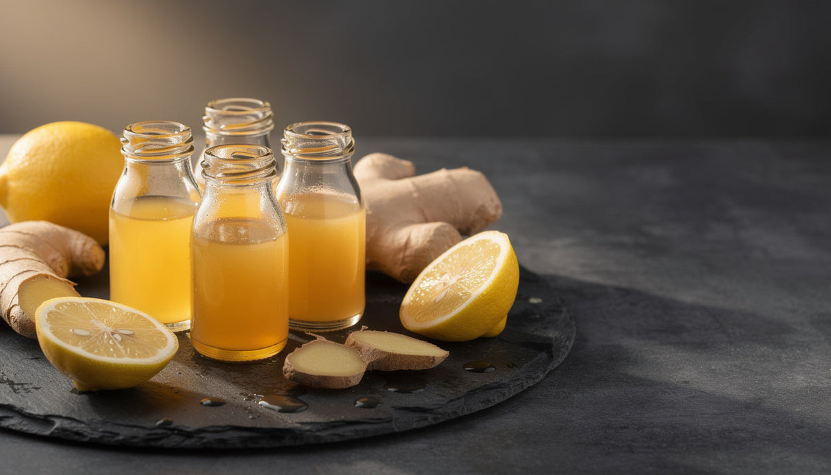 Domači ingverjevi shoti v stekleničkah s svežim ingverjem in limonami