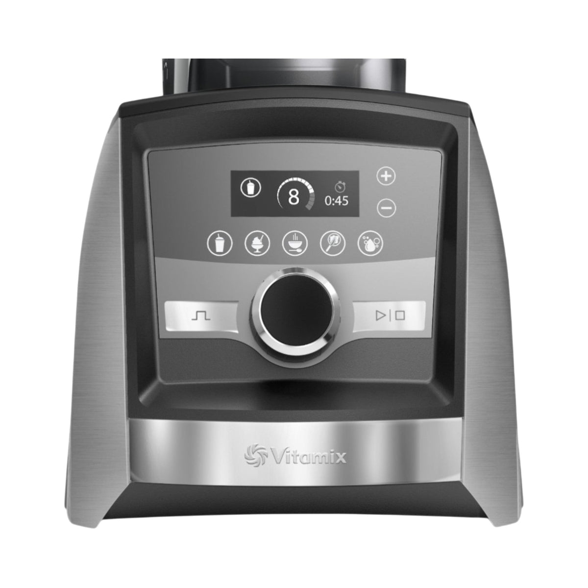 Upravljalna plošča na dotik modela Vitamix Ascent A3500i v brušenem nerjavečem jeklu, z zaslonom, ikonami programov in potenciometrom