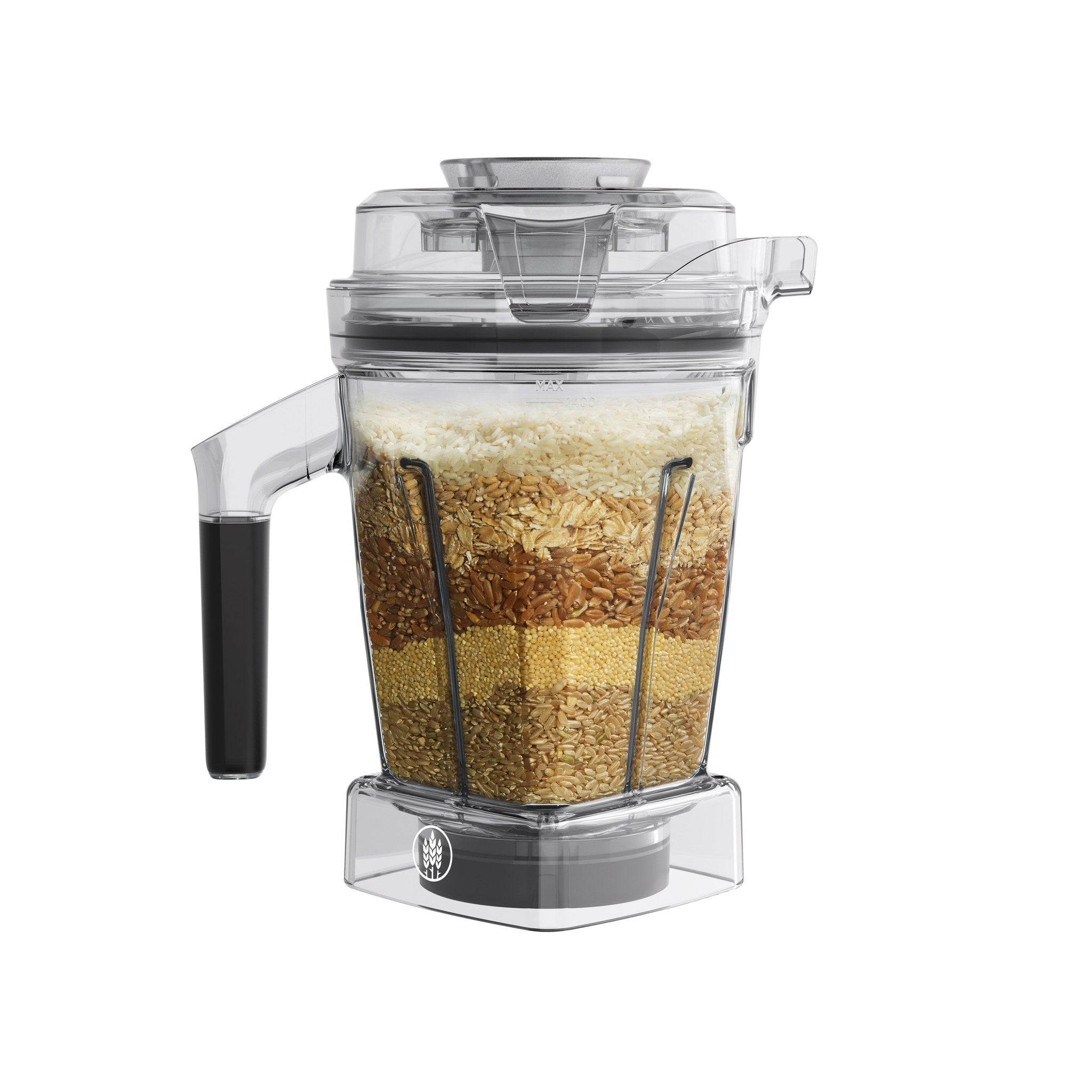 Pojemnik Vitamix X do produktów suchych 1,4 l wypełniony zbożem, na blenderze Ascent X