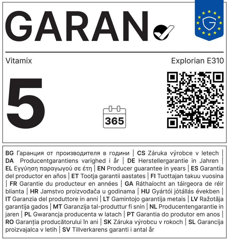 GARAN-Label: 5 Jahre gewerbliche Haltbarkeitsgarantie des Herstellers