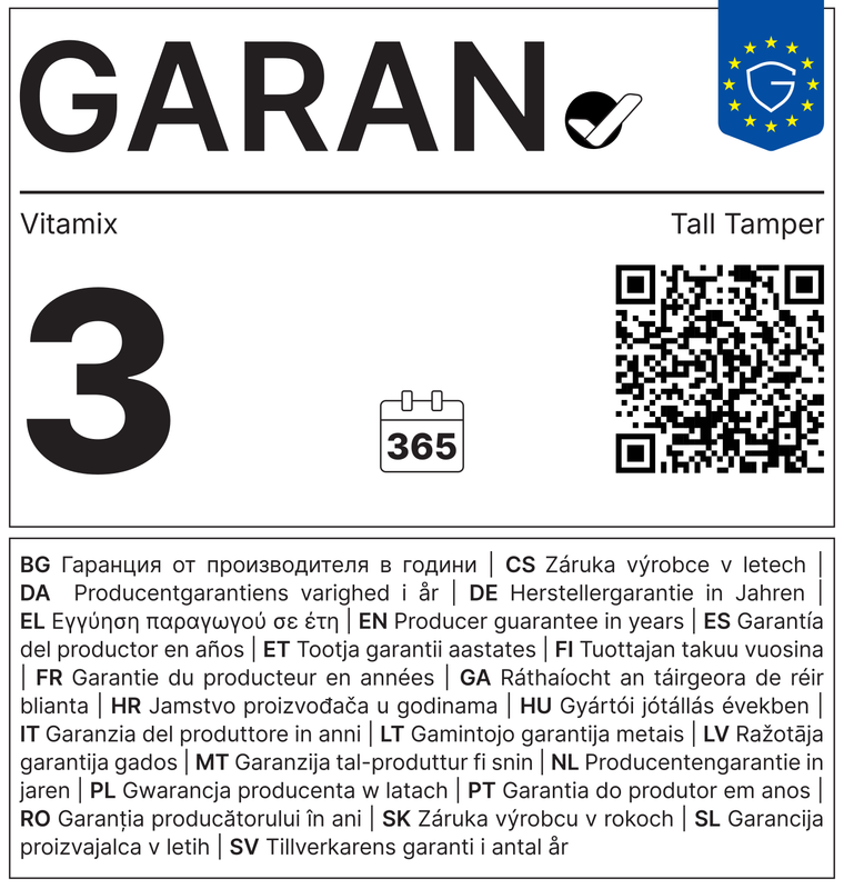 GARAN label: 3-year commercial guarantee of durability from the manufacturer