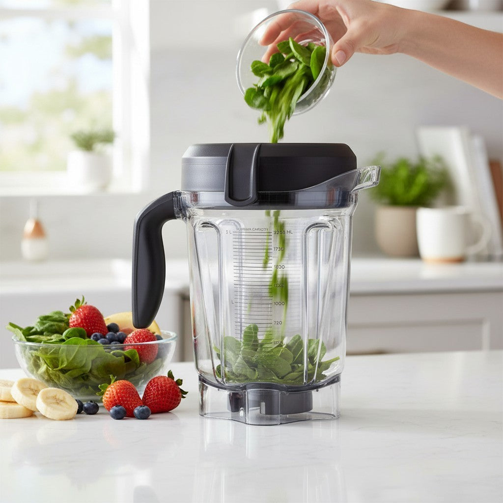 Vitamix 2L low-profile blender container with black lid and handle, clear BPA-free Tritan plastic with measurement markings.