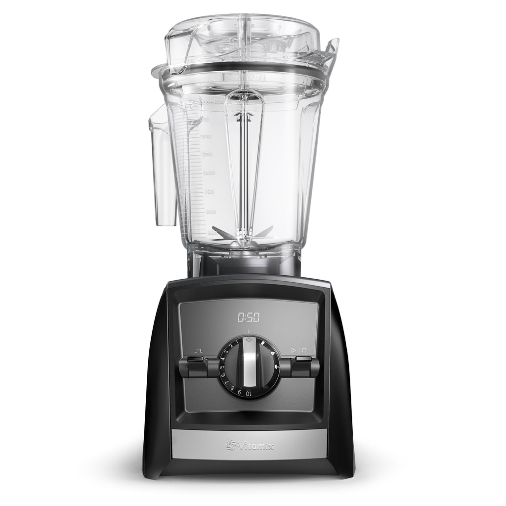 Vitamix Ascent A2500i Hochleistungsmixer in Schwarz mit 2,0-L-Interlock-Behälter — Frontansicht mit Timer-Display und 3 Programmtasten