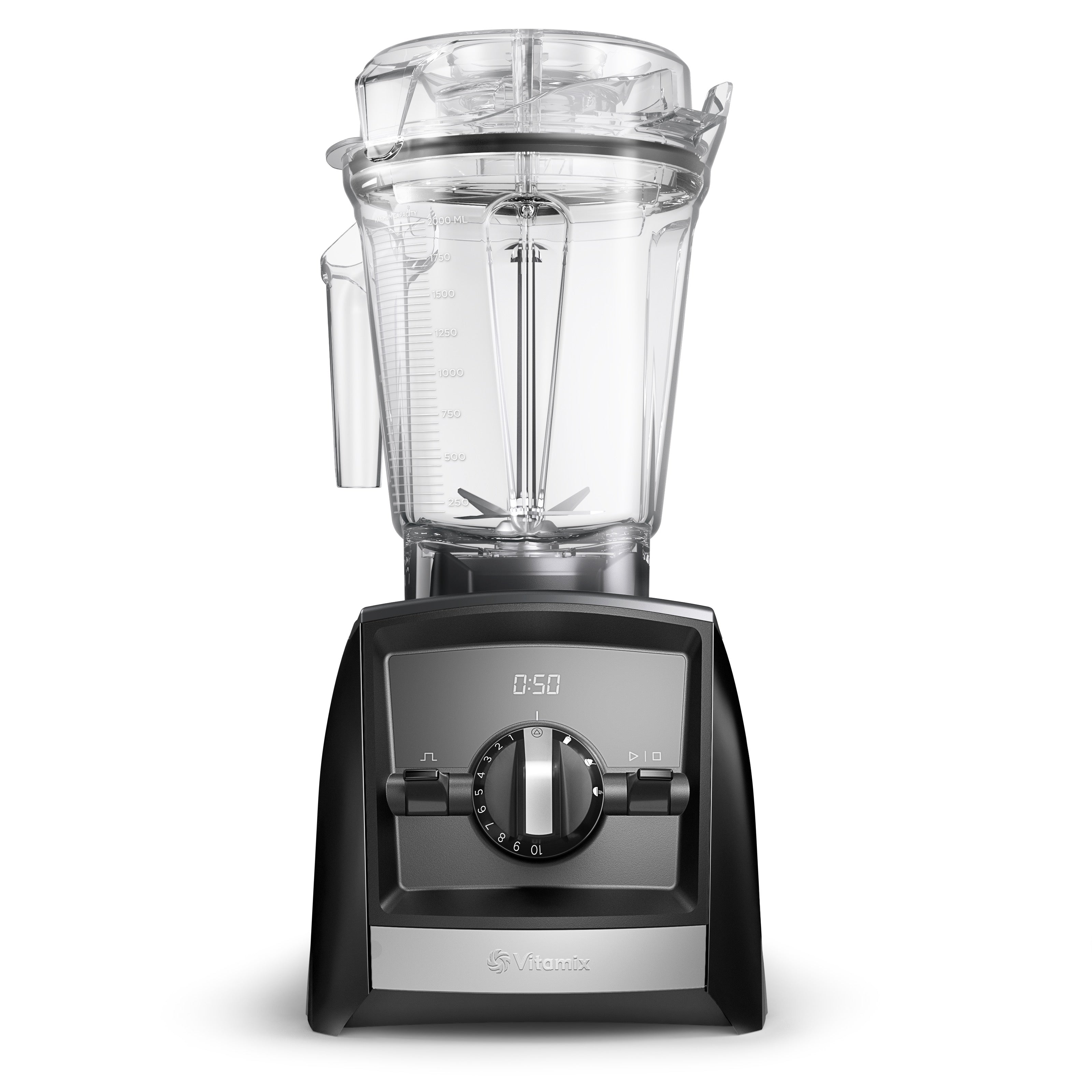 Vitamix Ascent A2500i Hochleistungsmixer in Schwarz mit 2,0-L-Interlock-Behälter — Frontansicht mit Timer-Display und 3 Programmtasten