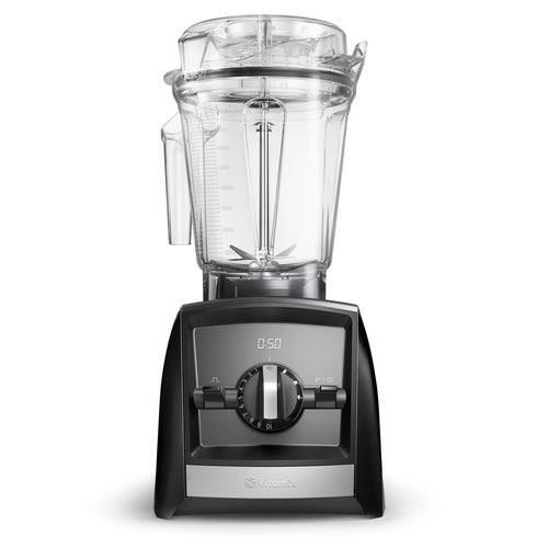 Vitamix Ascent A2500i Hochleistungsmixer in Schwarz mit 2,0-L-Interlock-Behälter — Frontansicht mit Timer-Display und 3 Programmtasten