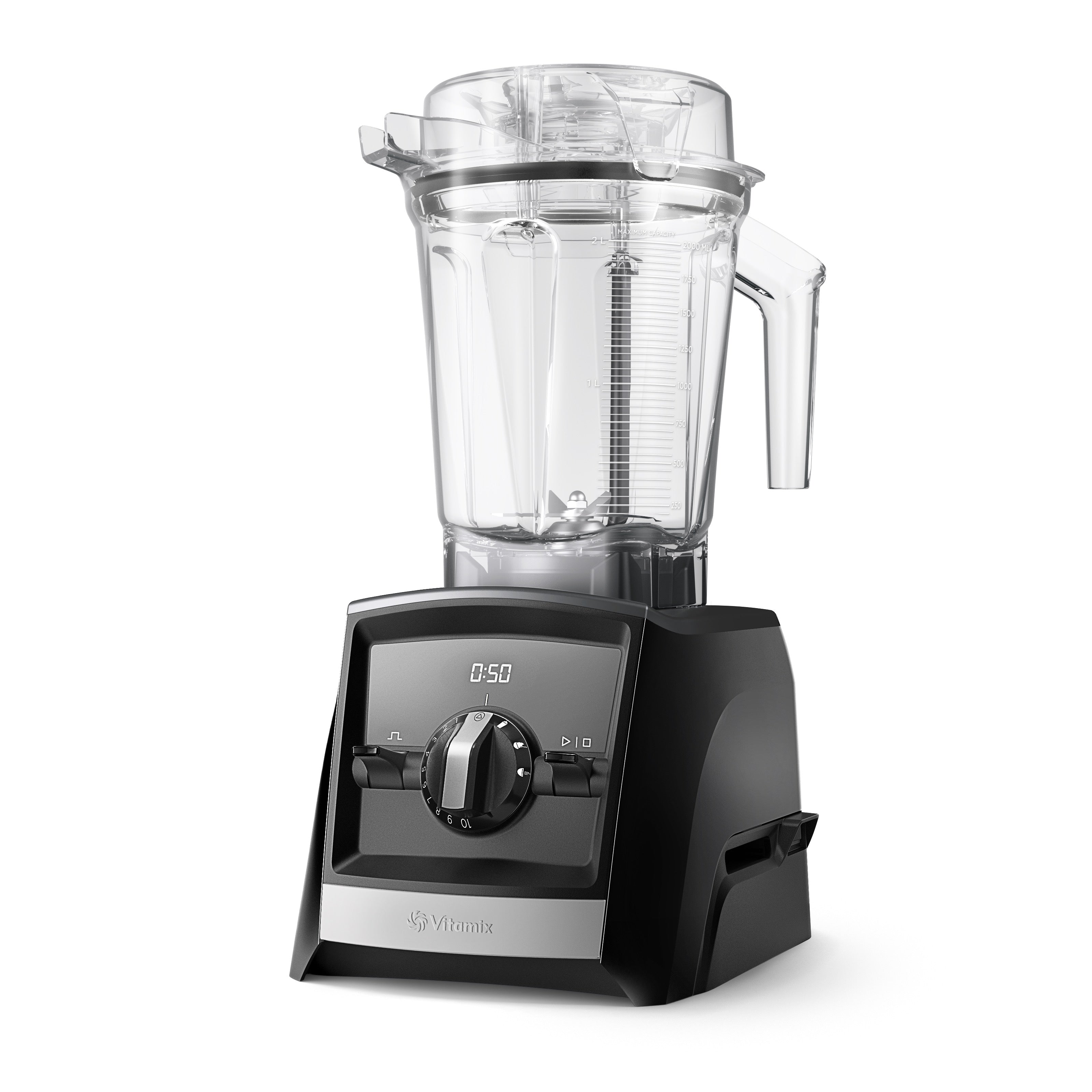 Vitamix Ascent A2500i in Schwarz mit Interlock-System — linke Glamour-Ansicht mit elegantem Design und transparentem Mixbehälter