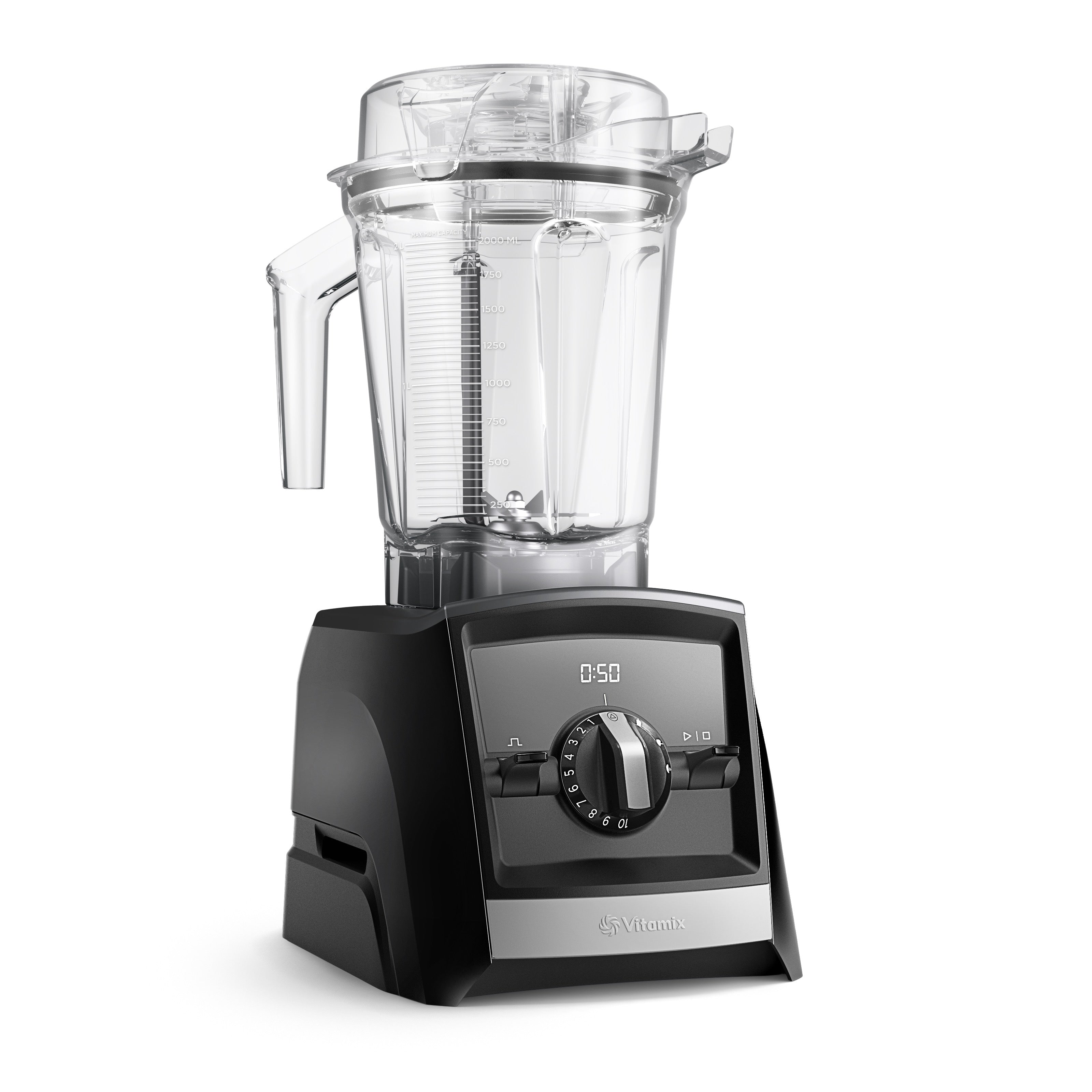Vitamix Ascent A2500i Standmixer in Schwarz — rechte Glamour-Ansicht mit Bedienfeld und 2,0-L-Behälter