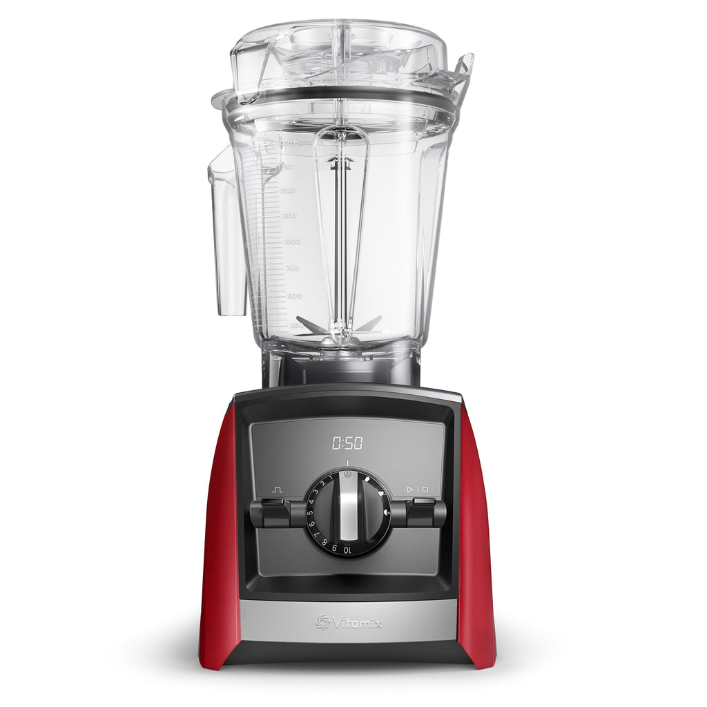 Vitamix Ascent A2500i in leuchtendem Rot mit 2,0-L-Interlock-Behälter — Frontansicht mit Timer und 3 Programmtasten
