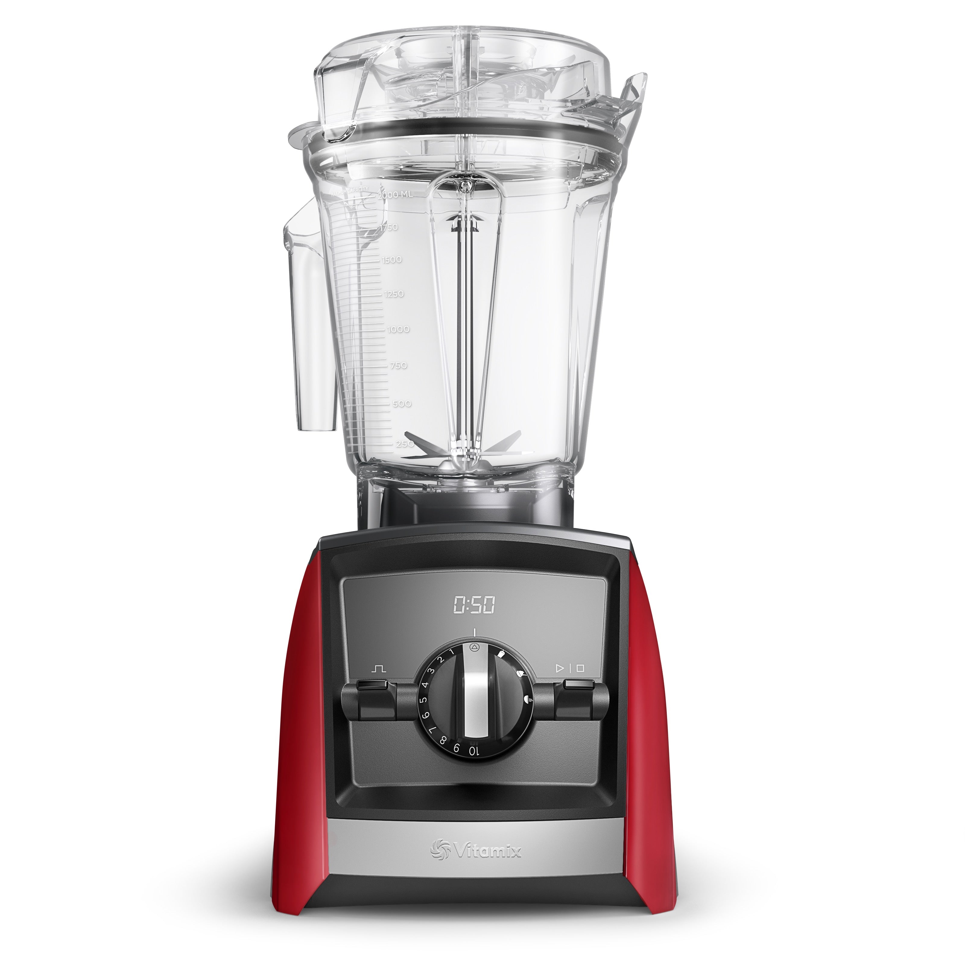Vitamix Ascent A2500i in leuchtendem Rot mit 2,0-L-Interlock-Behälter — Frontansicht mit Timer und 3 Programmtasten