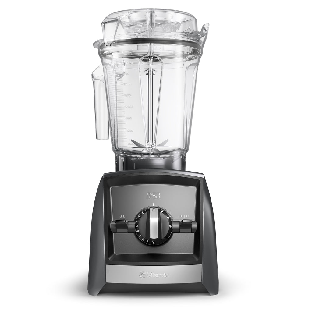 Vitamix Ascent A2500i in mattem Schiefergrau mit 2,0-L-Interlock-Behälter — Frontansicht mit Timer-Display und intuitiver Bedienung