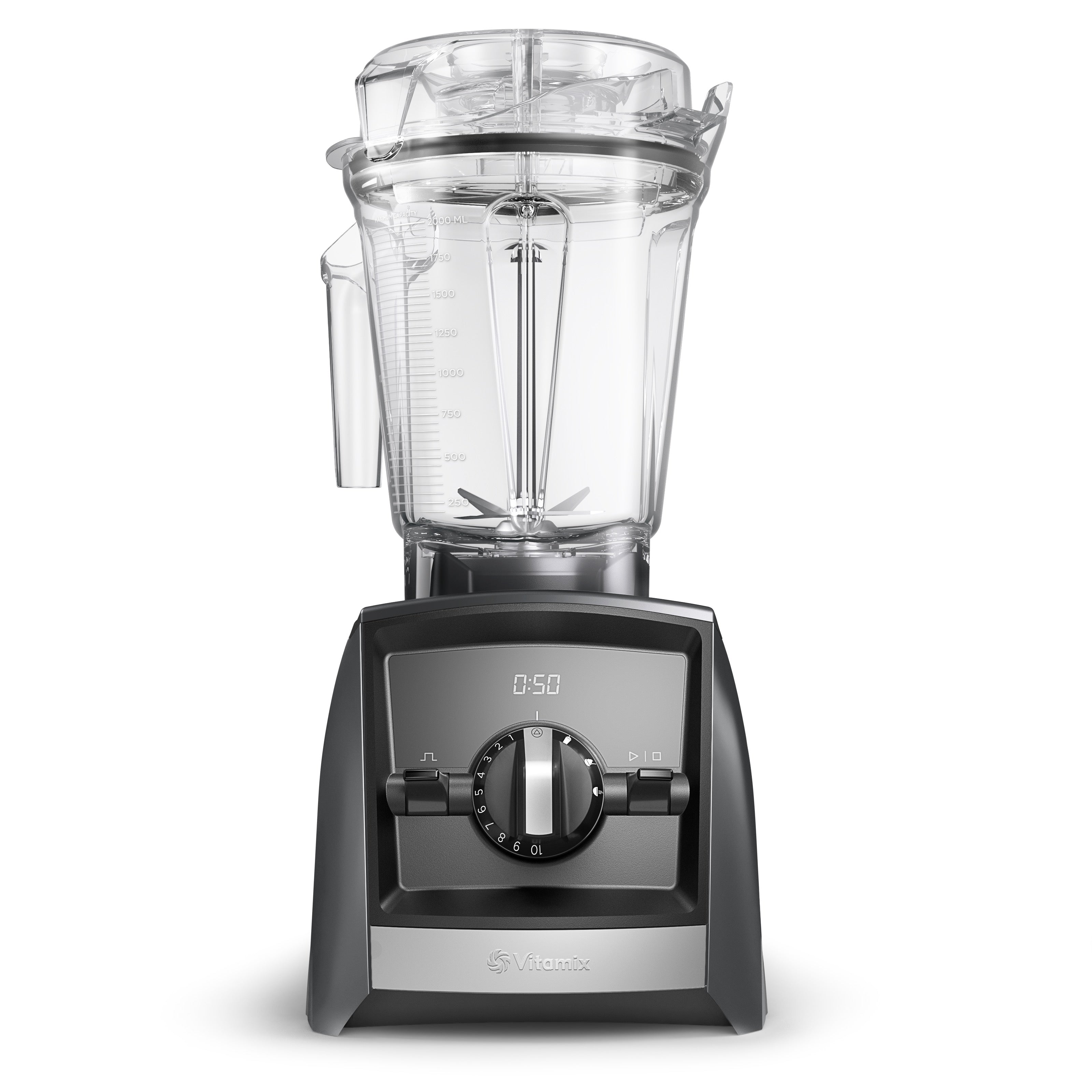 Vitamix Ascent A2500i in mattem Schiefergrau mit 2,0-L-Interlock-Behälter — Frontansicht mit Timer-Display und intuitiver Bedienung