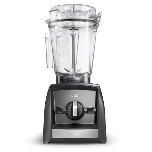 Vitamix Ascent A2500i in mattem Schiefergrau mit 2,0-L-Interlock-Behälter — Frontansicht mit Timer-Display und intuitiver Bedienung