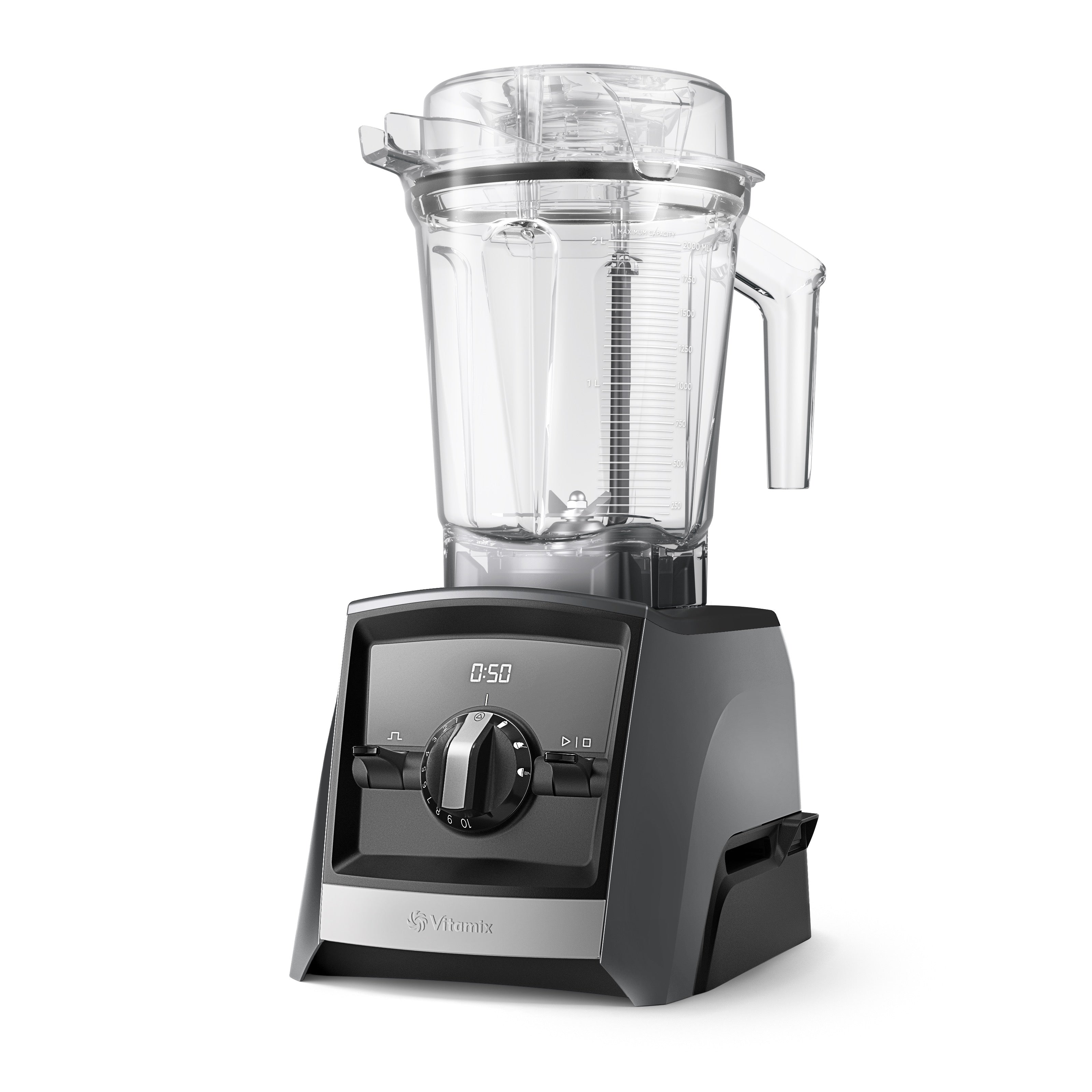 Vitamix Ascent A2500i Hochleistungsmixer in Schiefergrau — elegante linke Seitenansicht mit transparentem 2,0-L-Interlock-Behälter
