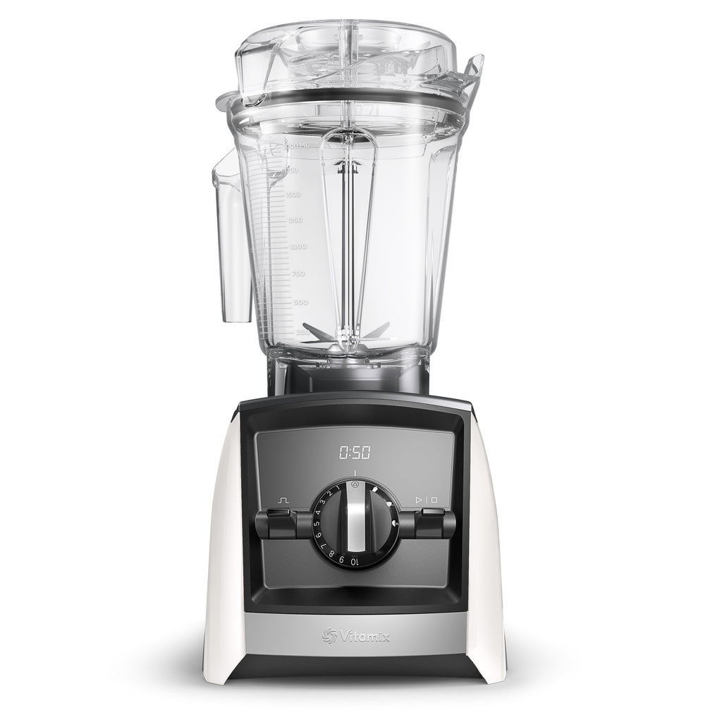 Vitamix Ascent A2500i in elegantem Weiß mit 2,0-L-Interlock-Behälter — Frontansicht mit LED-Timer und 3 Automatikprogrammen