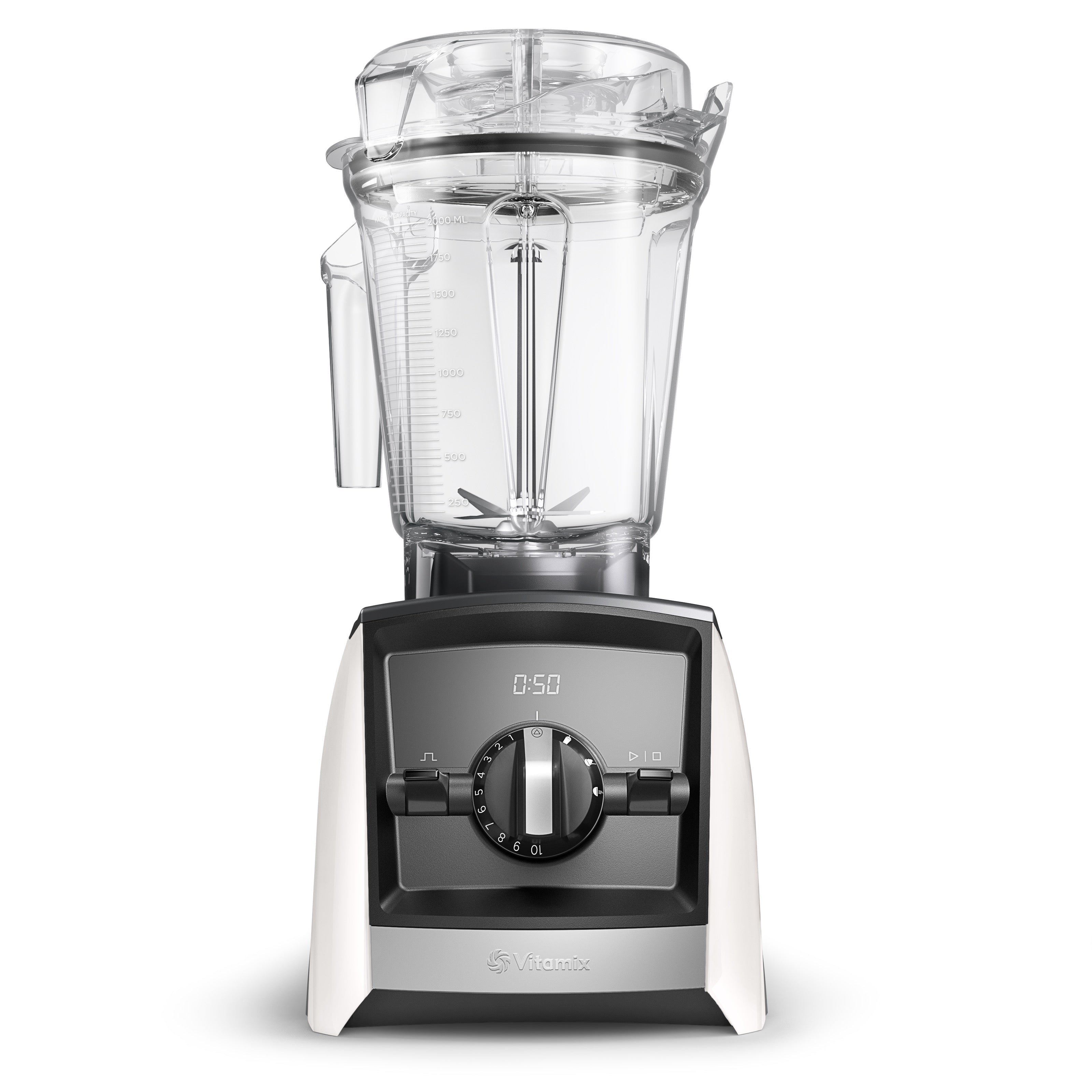 Vitamix Ascent A2500i in elegantem Weiß mit 2,0-L-Interlock-Behälter — Frontansicht mit LED-Timer und 3 Automatikprogrammen