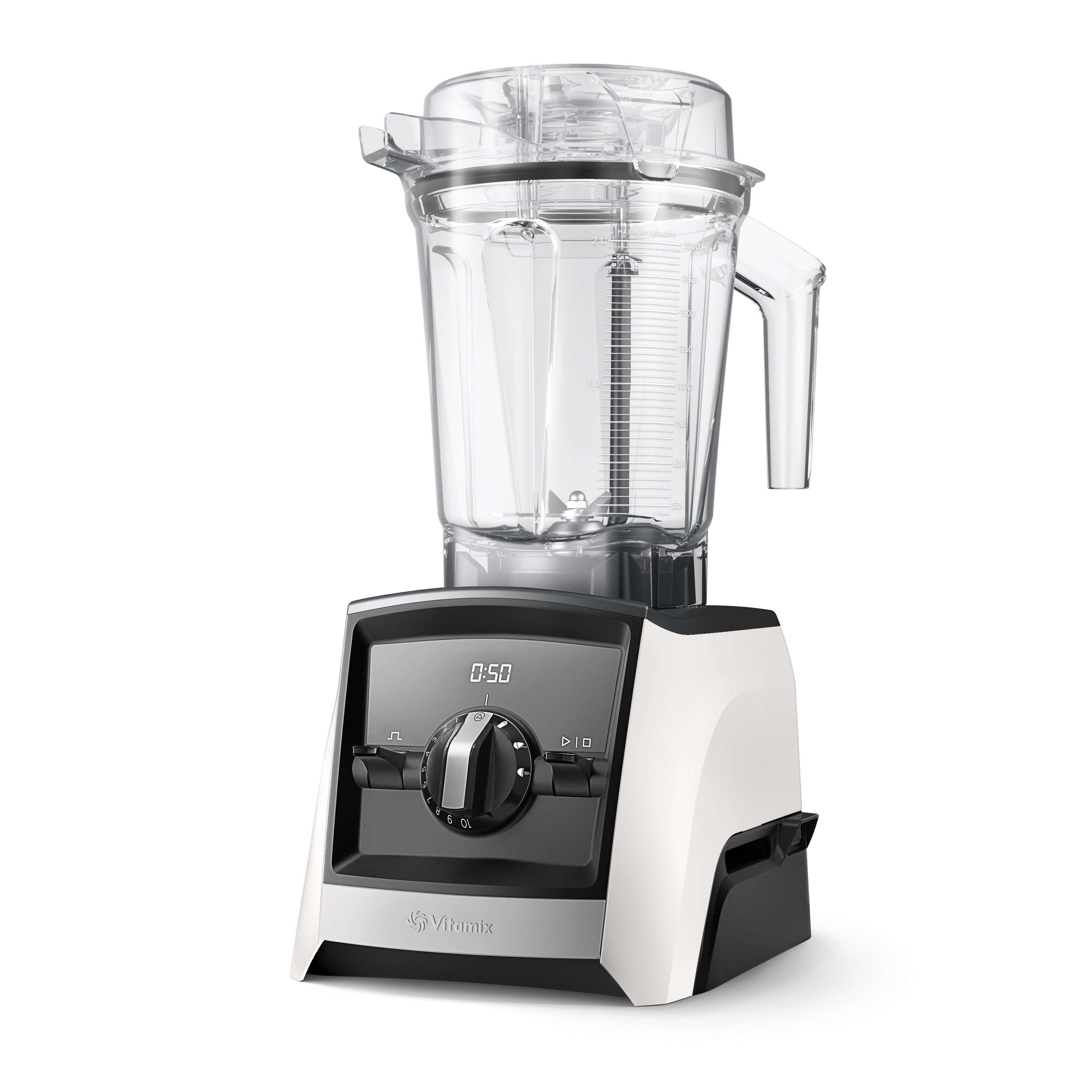 Vitamix Ascent A2500i in Weiß — elegante linke Seitenansicht mit minimalistischem Design und 2,0-L-Interlock-Behälter