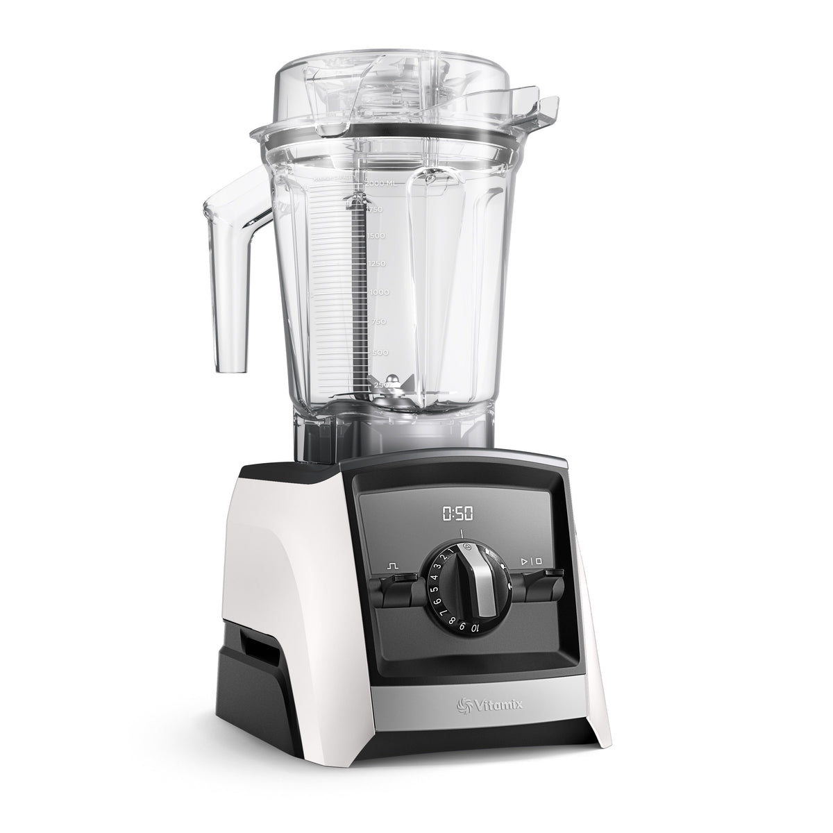 Vitamix Ascent A2500i Standmixer in Weiß — rechte Glamour-Ansicht mit Bedienfeld und 2,0-L-Behälter