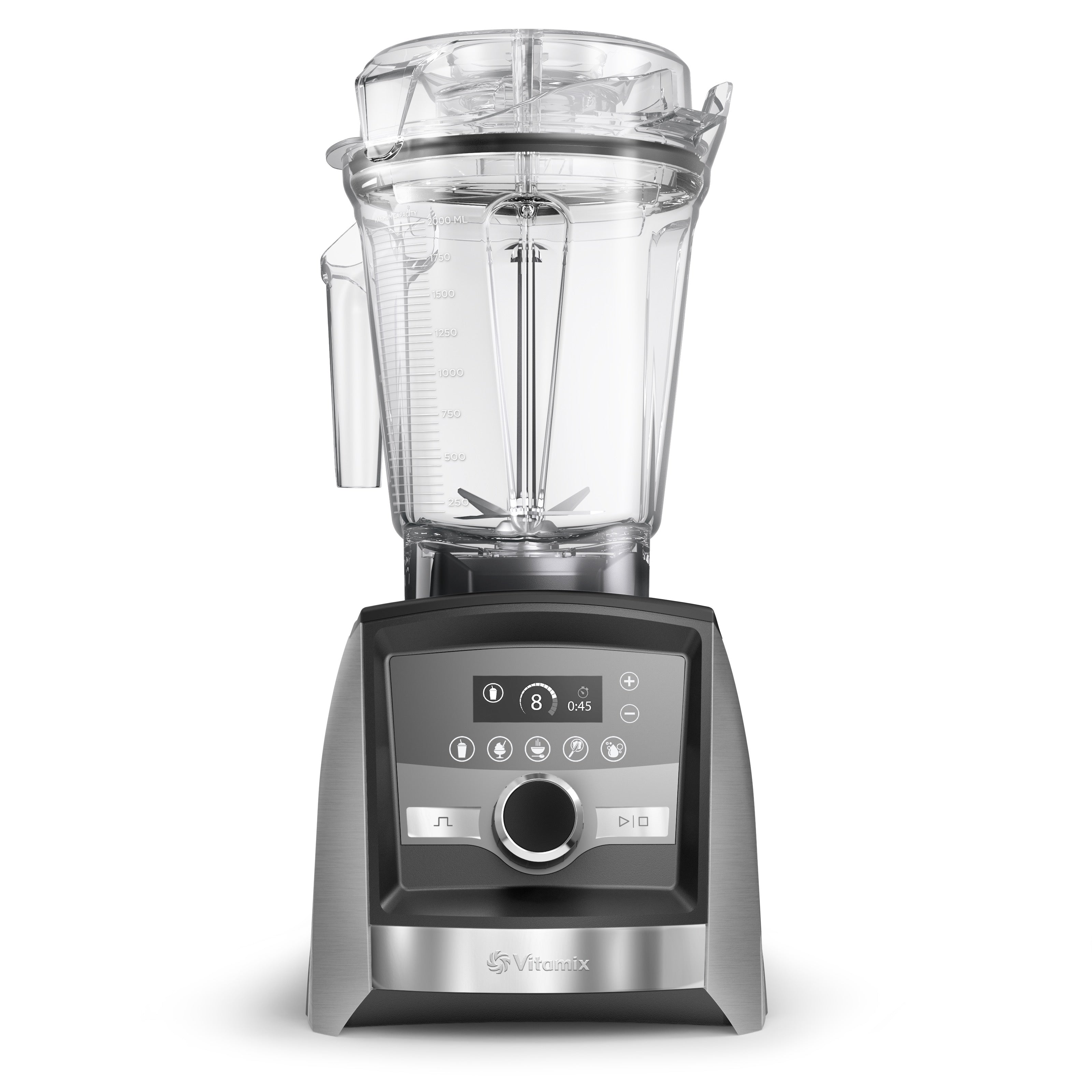 Vitamix Ascent A3500i in gebürstetem Edelstahl mit Touch-Display — Frontansicht mit 5 Automatikprogrammen und 2,0-L-Interlock-Behälter