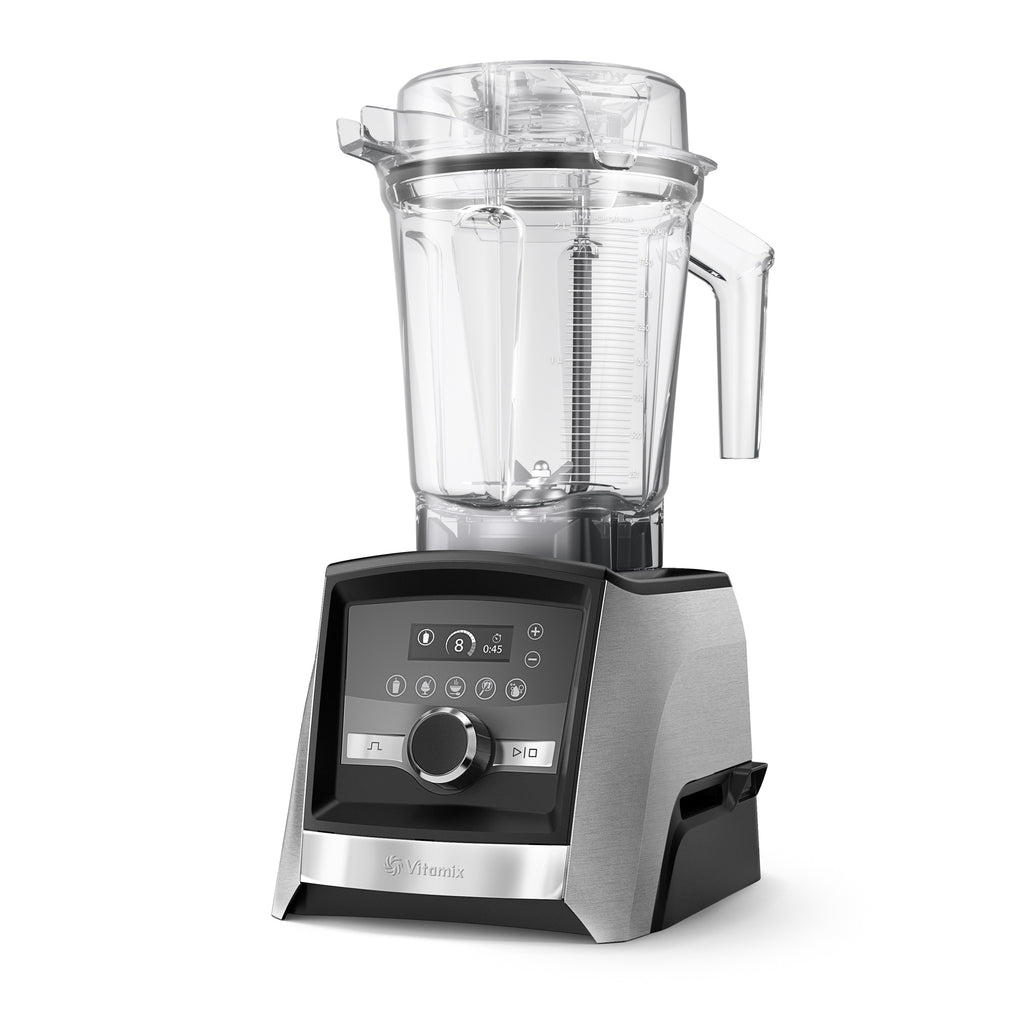 Vitamix Ascent A3500i Hochleistungsmixer in gebürstetem Edelstahl — linke Glamour-Ansicht mit Touch-Bedienfeld und 2,0-L-Behälter