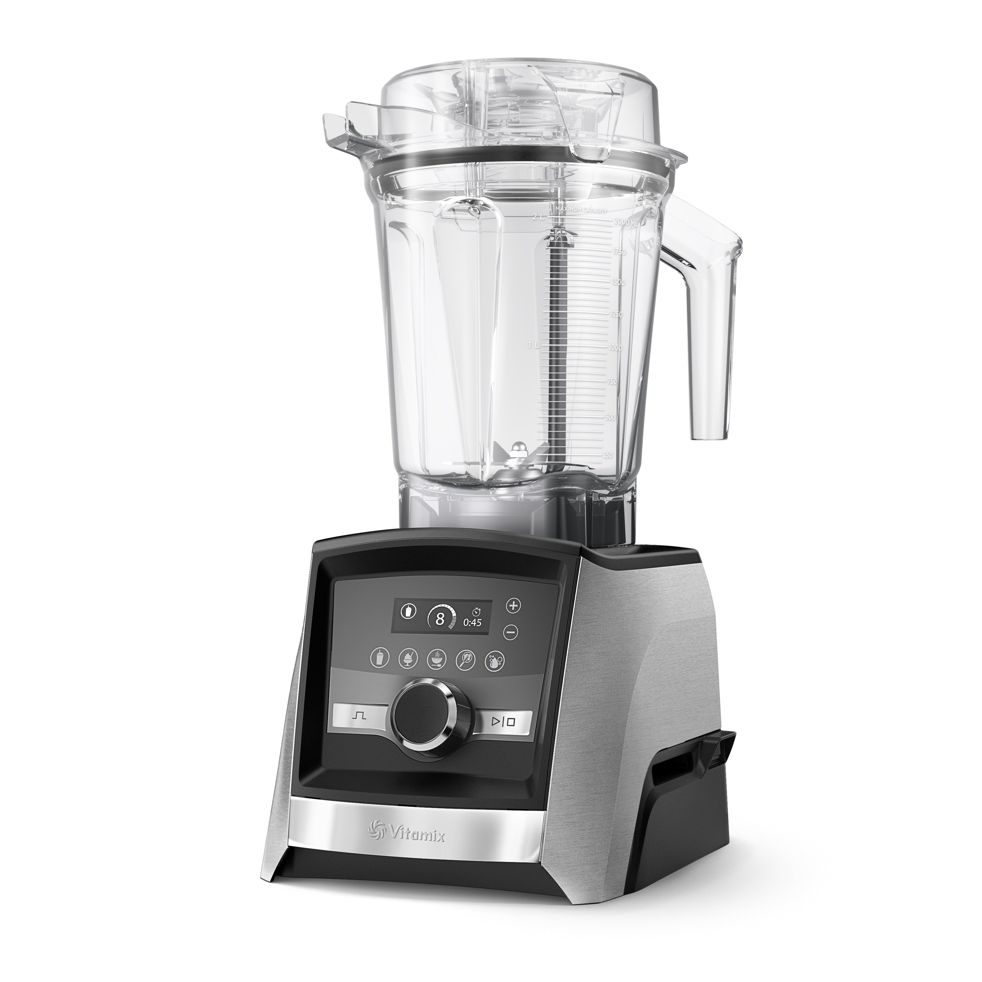 Vitamix Ascent A3500i Hochleistungsmixer in gebürstetem Edelstahl — linke Glamour-Ansicht mit Touch-Bedienfeld und 2,0-L-Behälter