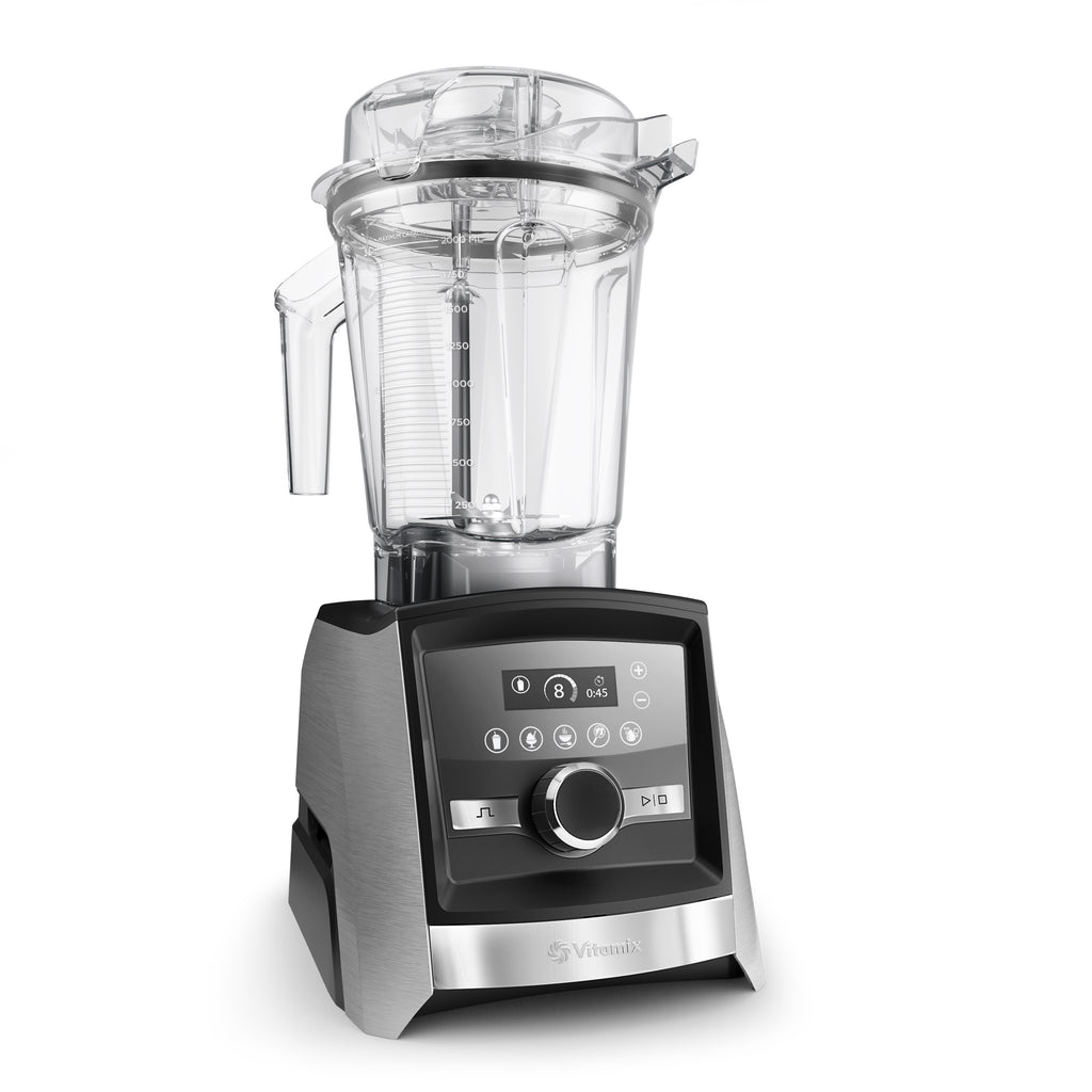 Vitamix Ascent A3500i in gebürstetem Edelstahl — Schrägansicht mit Touch-Display und Premium-Edelstahl-Design