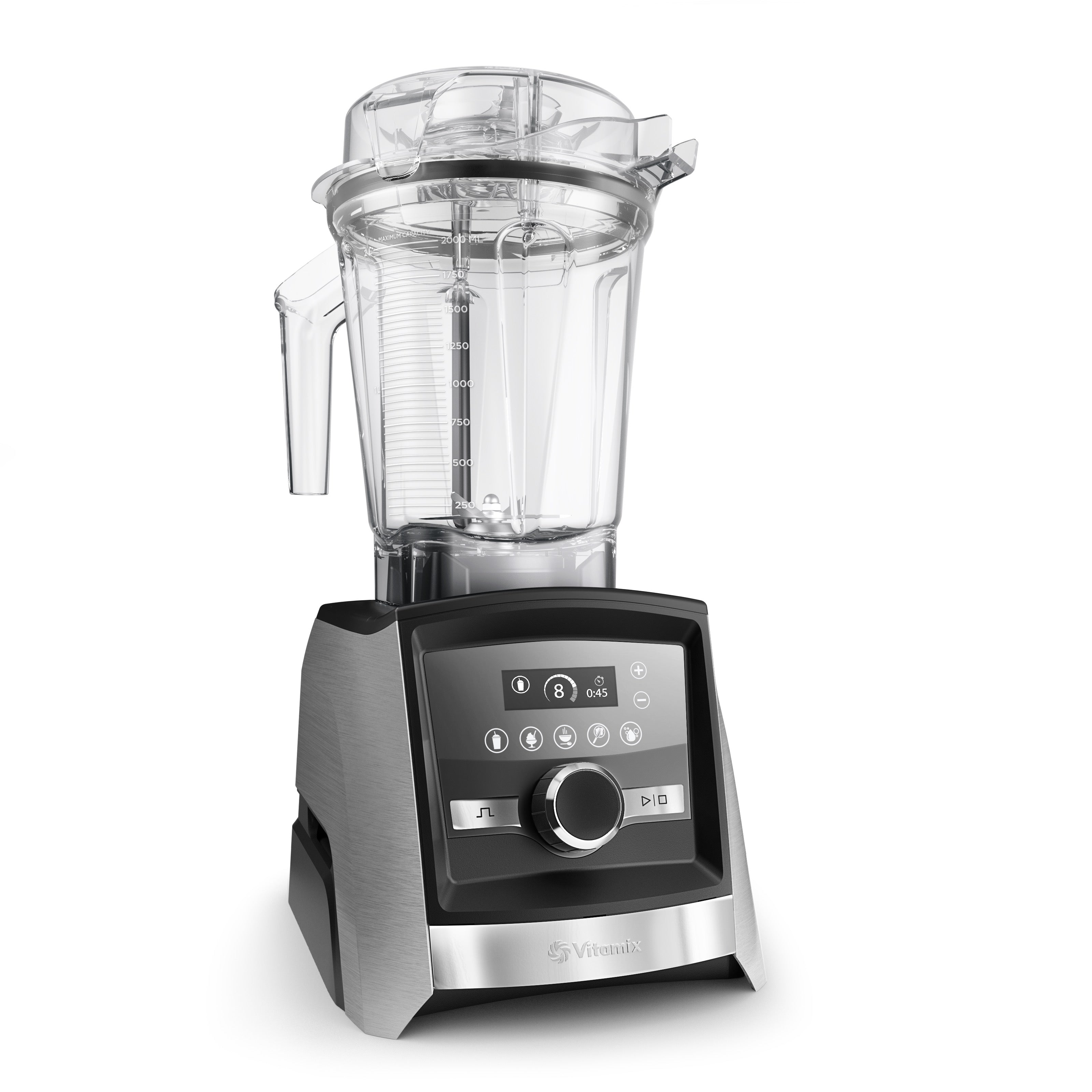 Vitamix Ascent A3500i in gebürstetem Edelstahl — Schrägansicht mit Touch-Display und Premium-Edelstahl-Design