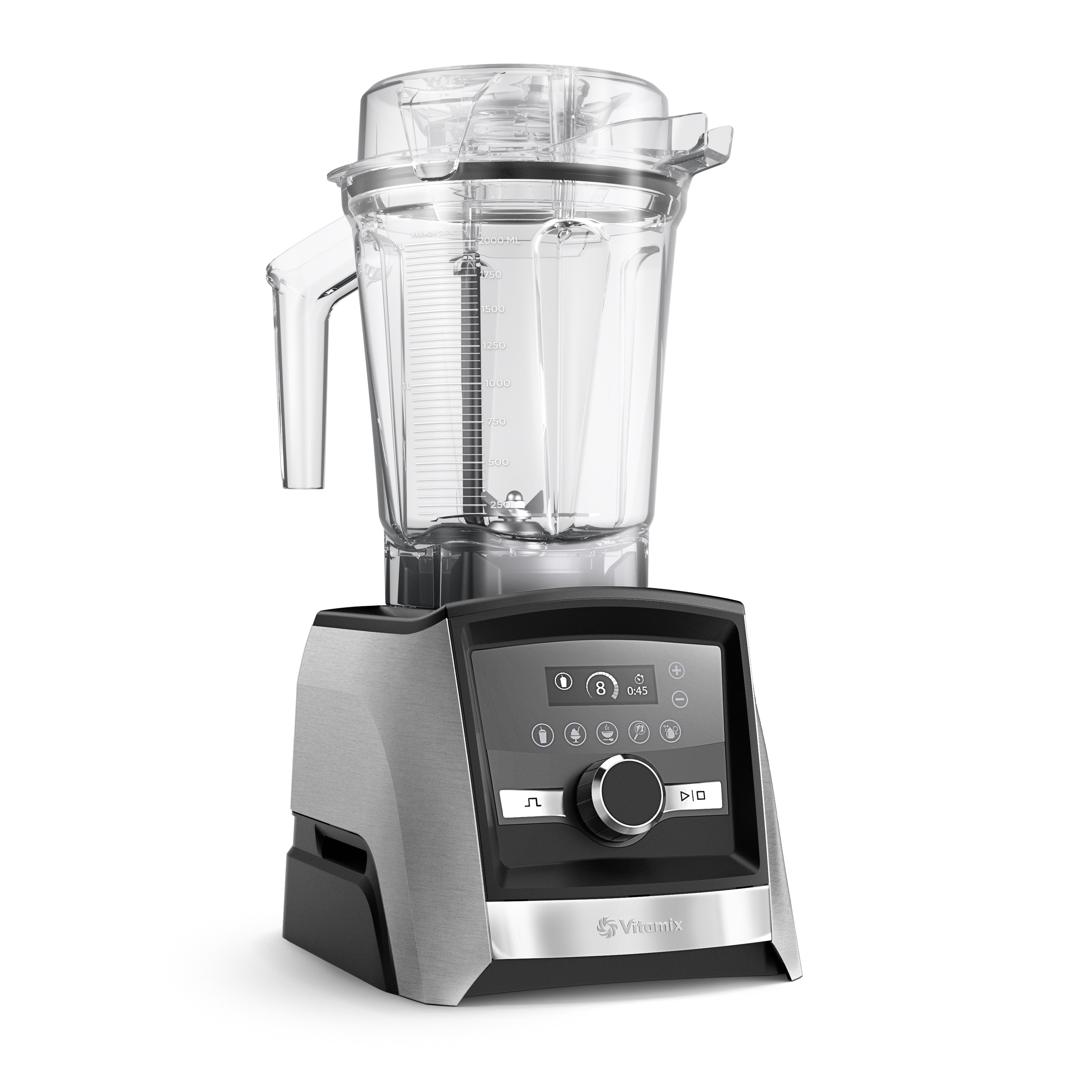 Vitamix Ascent A3500i in gebürstetem Edelstahl — rechte Seitenansicht mit Touch-Display, 5 Programmen und Premium-Finish