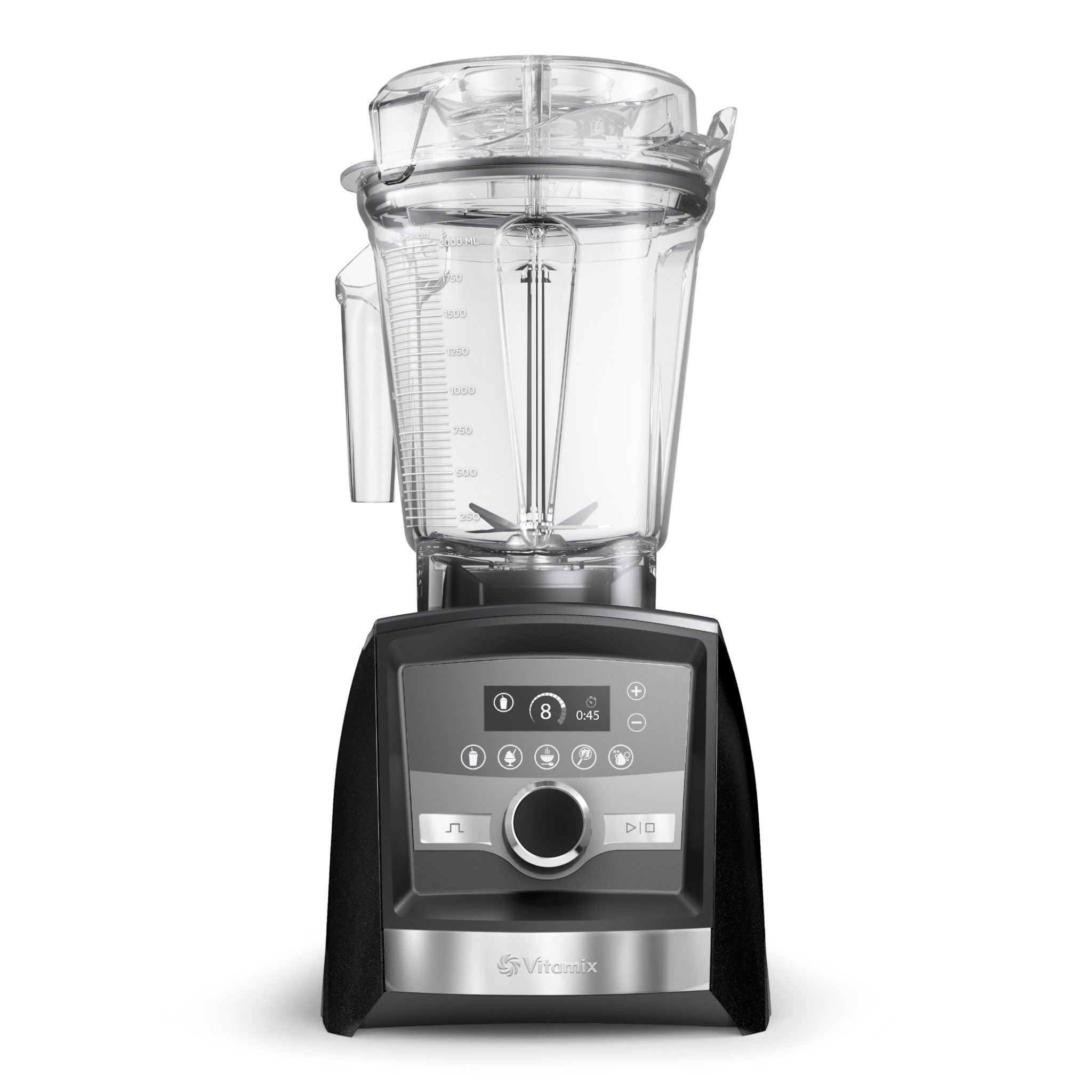 Vitamix Ascent A3500i Hochleistungsmixer in Graphit — Frontansicht mit intuitiver Touch-Bedienung und 2,0-L-Interlock-Behälter