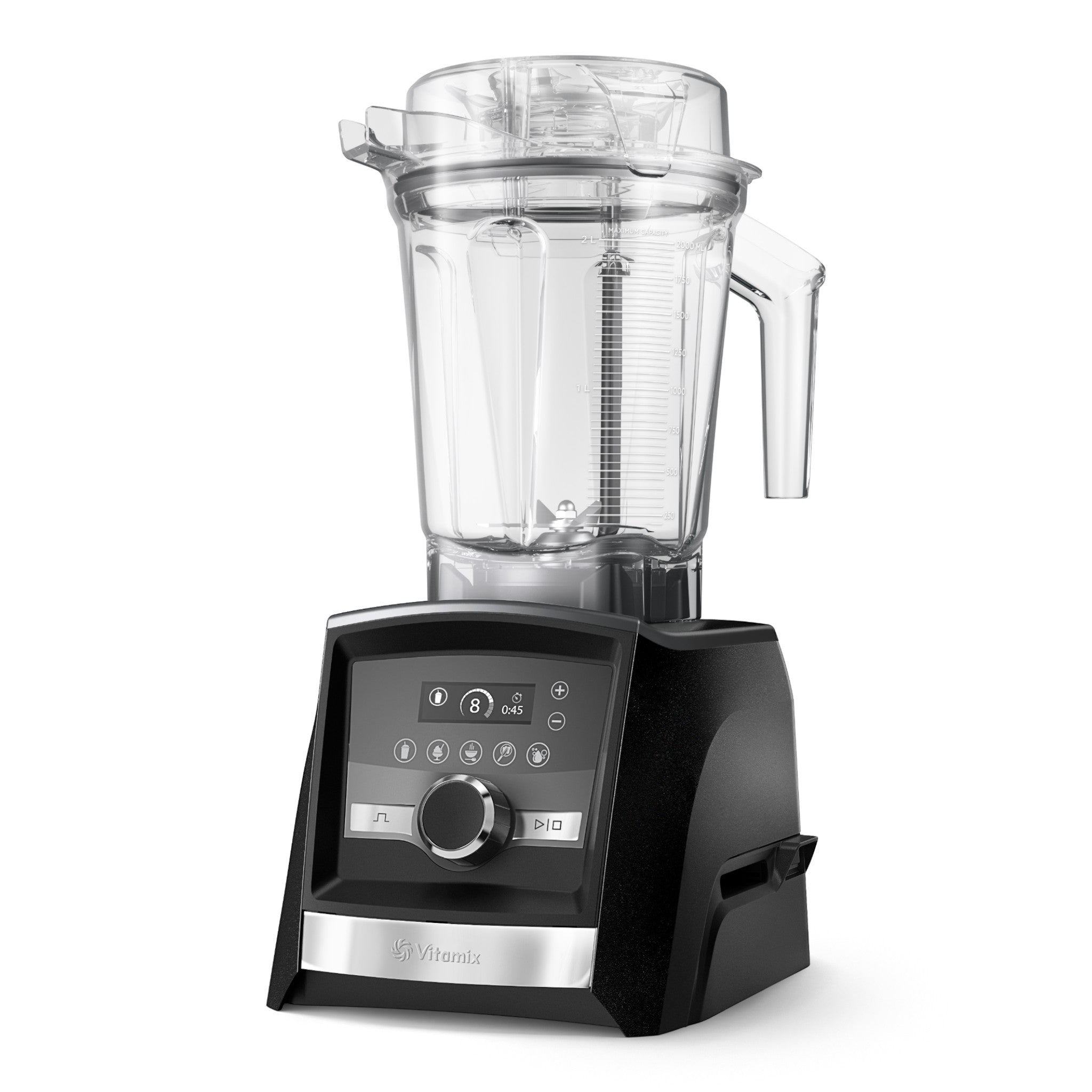 Vitamix Ascent A3500i in Graphit mit 2,0-L-Interlock-Behälter — linke Glamour-Ansicht mit Touch-Display und 5 Automatikprogrammen