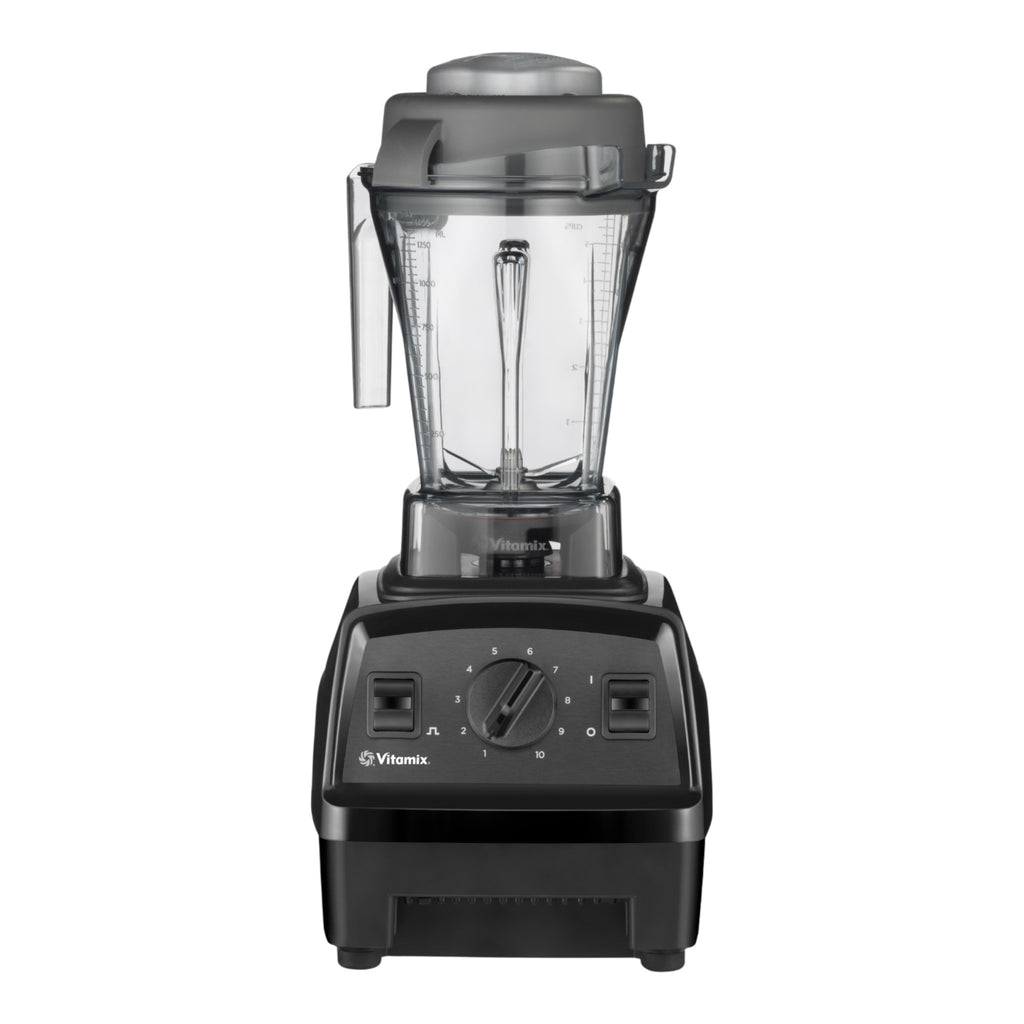 Vitamix Explorian E310 Hochleistungsmixer in Schwarz — Frontansicht mit 10-Gang-Drehregler und Pulstasten mit 1,4-L-Behälter