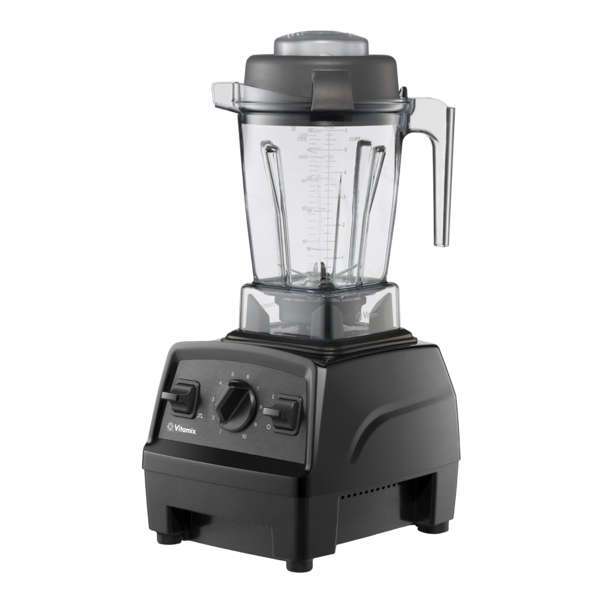 Vitamix Explorian E310 Mixer in Schwarz — linke Glamour-Perspektive mit professionellem Design und 1,4-L-selbstreinigendem Behälter mit lasergeschnittenen Edelstahlklingen