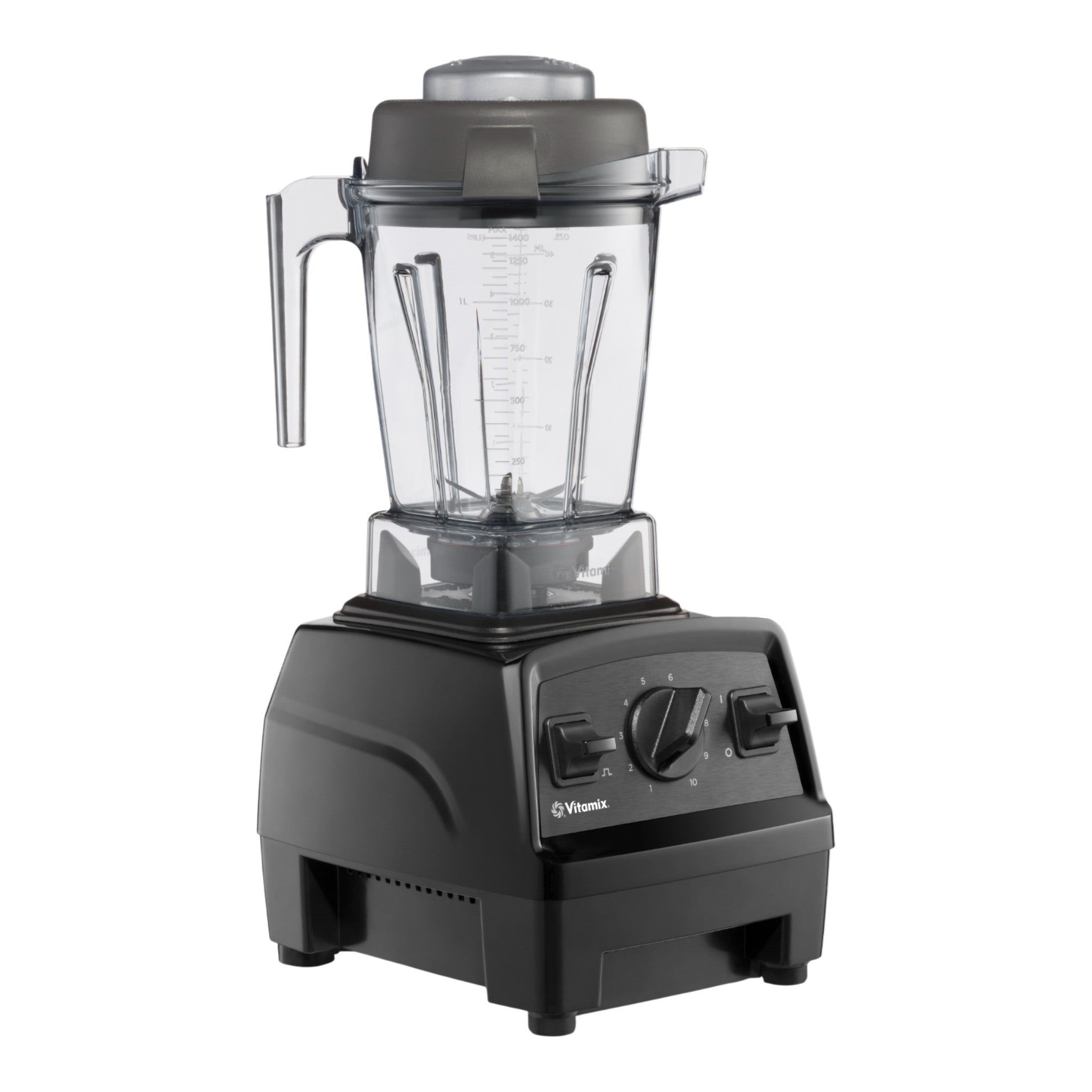 Vitamix Explorian E310 in Schwarz — rechte Glamour-Perspektive mit ergonomischem Bedienfeld und leistungsstarkem 1,4-L-BPA-freiem Behälter