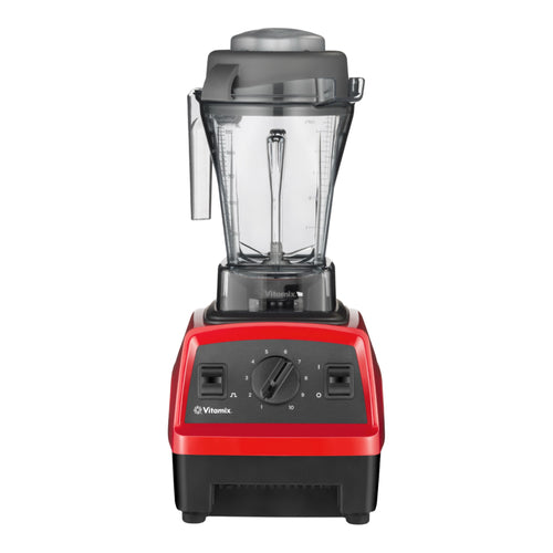 Vitamix Explorian E310 Hochleistungsmixer in Rot — Frontansicht mit 10-Gang-Drehregler und Pulstasten mit 1,4-L-Behälter