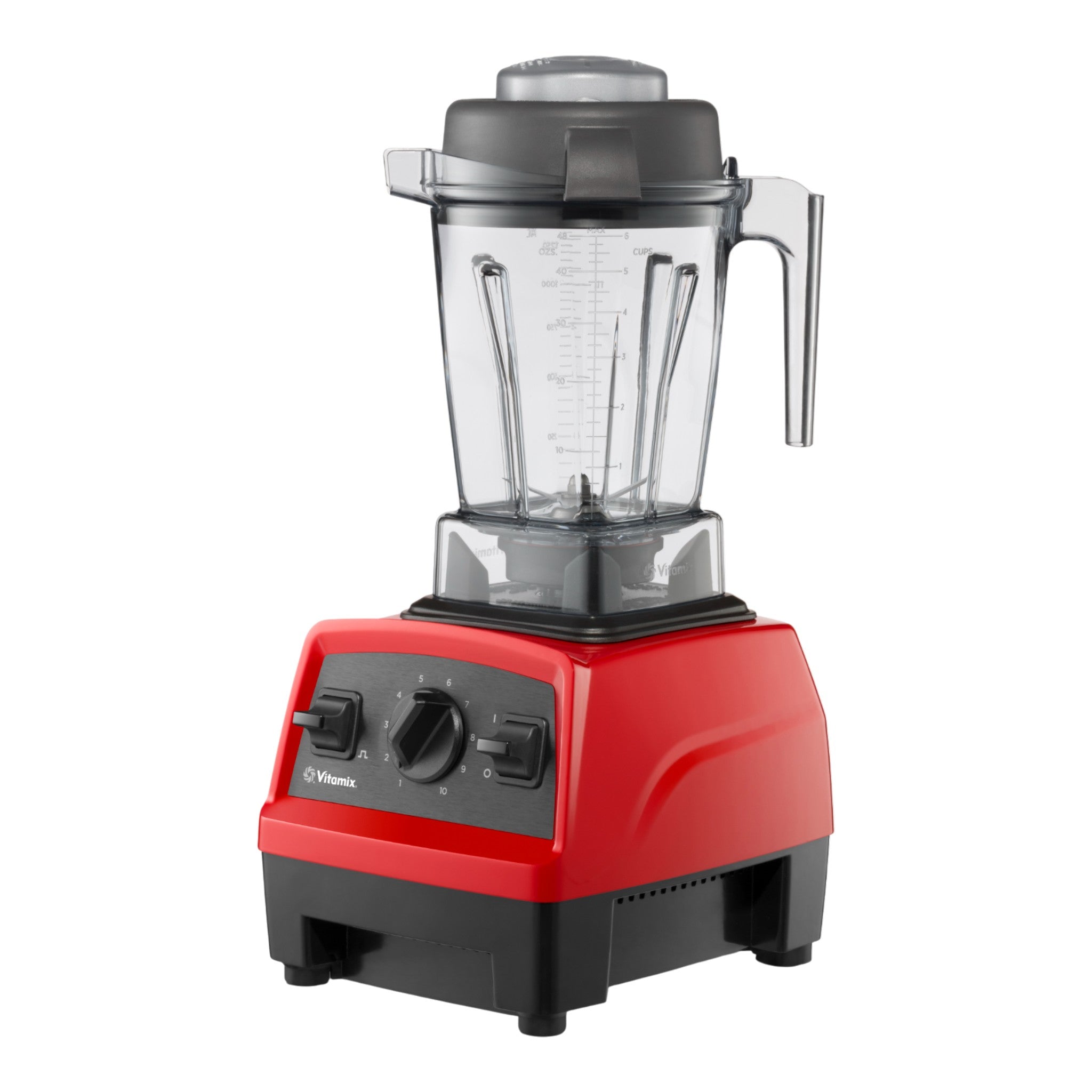 Vitamix Explorian E310 Mixer in Rot — linke Glamour-Perspektive mit professionellem Design und 1,4-L-selbstreinigendem Behälter mit lasergeschnittenen Edelstahlklingen