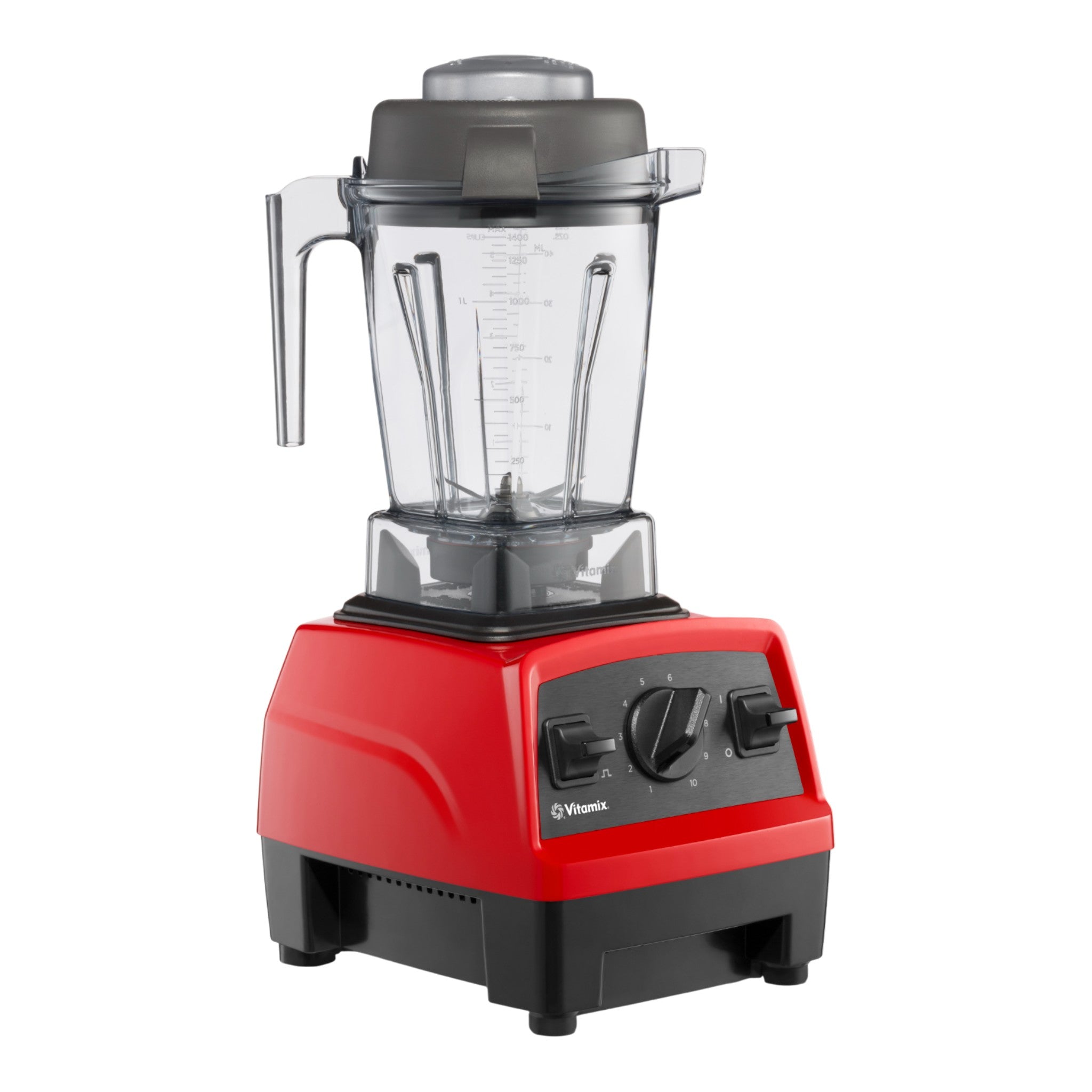 Vitamix Explorian E310 in Rot — rechte Glamour-Perspektive mit ergonomischem Bedienfeld und leistungsstarkem 1,4-L-BPA-freiem Behälter