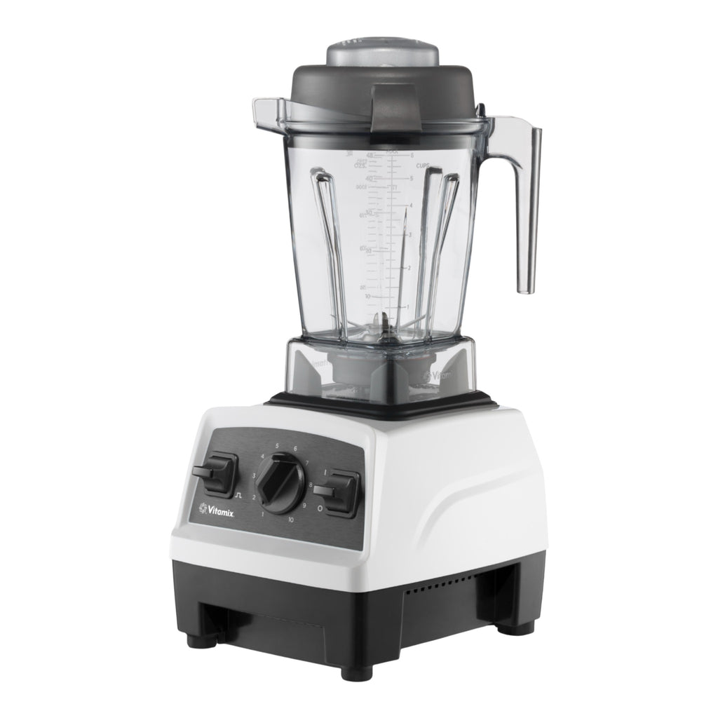 Vitamix Explorian E310 Mixer in Weiß — linke Glamour-Perspektive mit professionellem Design und 1,4-L-selbstreinigendem Behälter mit lasergeschnittenen Edelstahlklingen