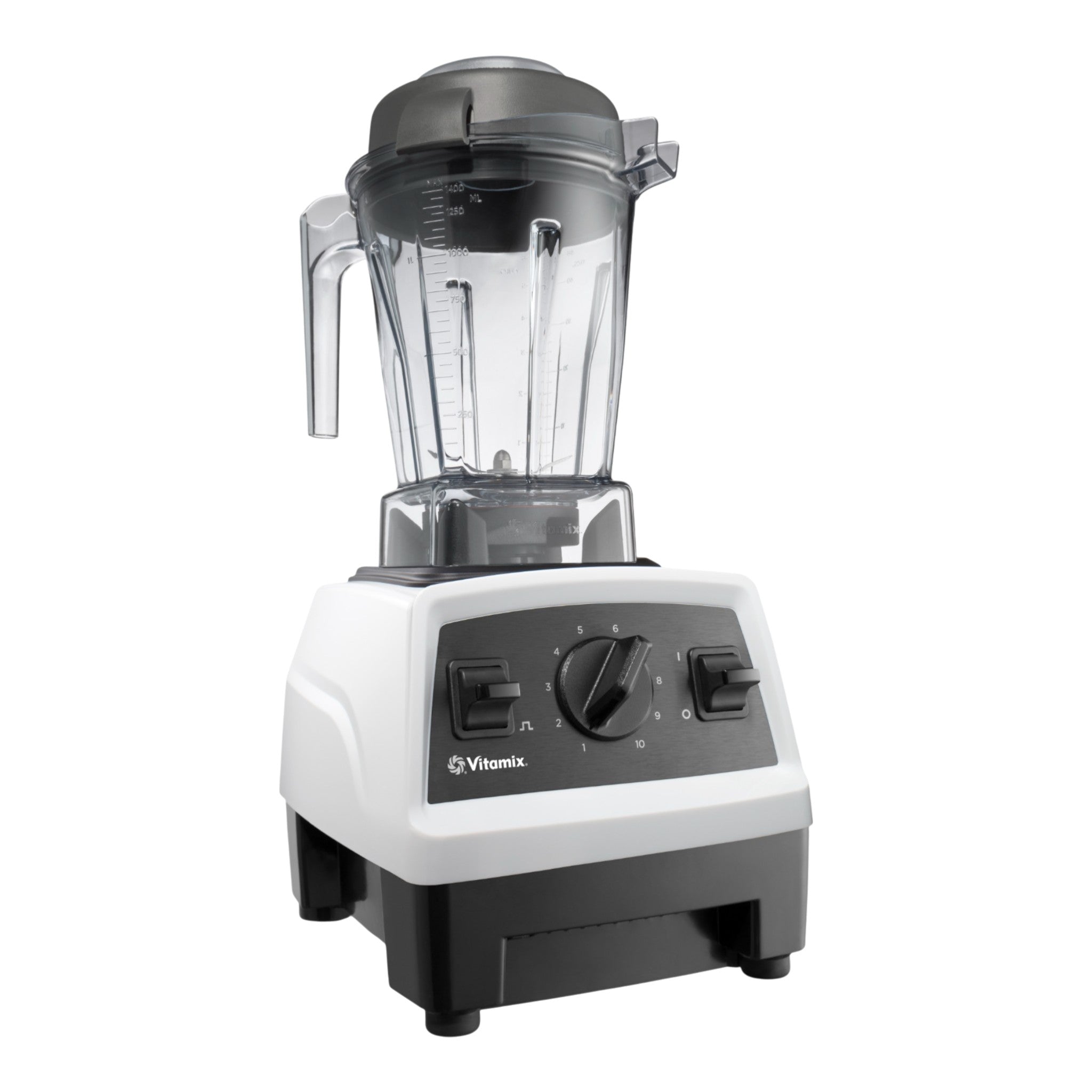Vitamix Explorian E310 in Weiß — Schrägansicht mit hochwertiger Verarbeitungsqualität und kompakter Stellfläche, ideal für europäische Küchen