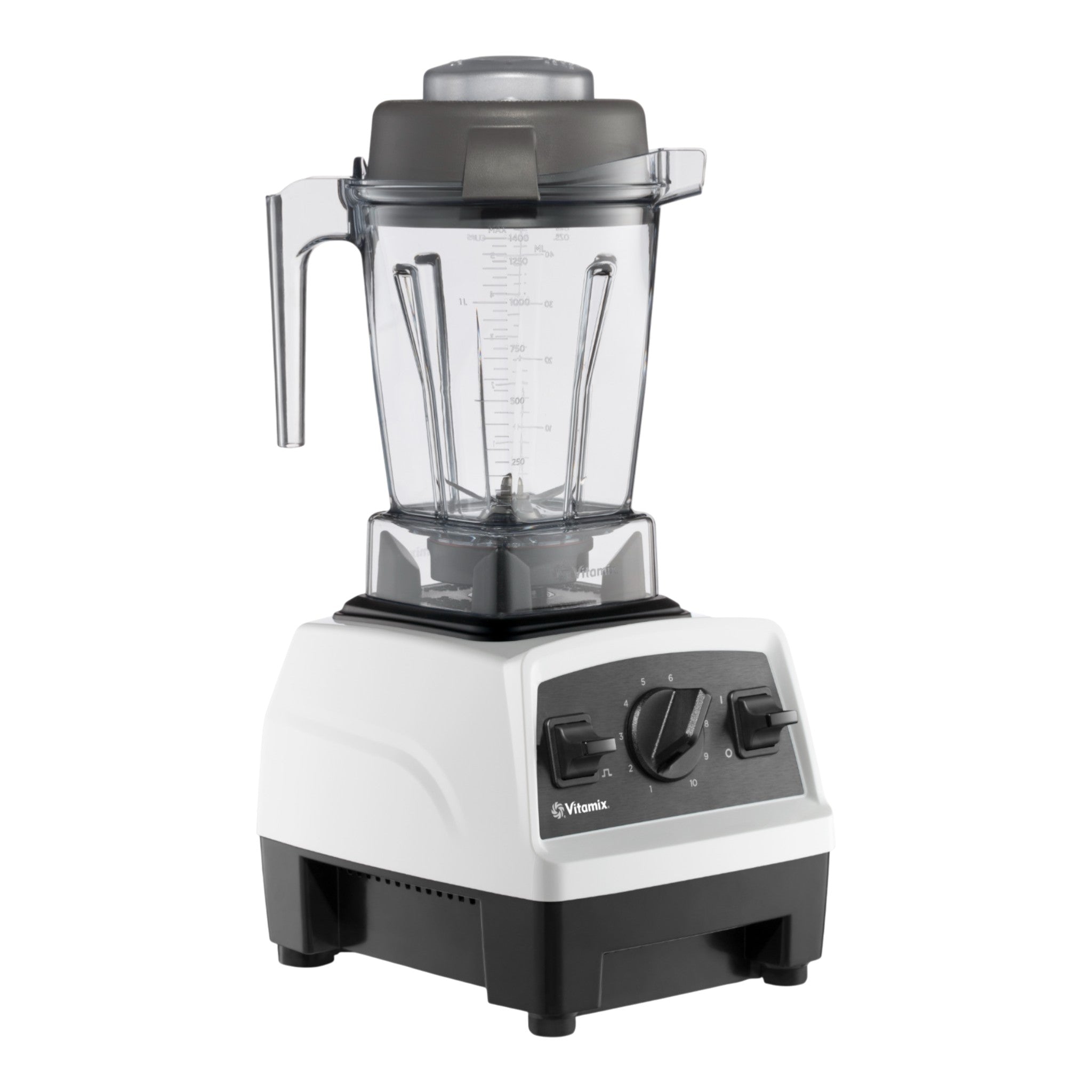 Vitamix Explorian E310 in Weiß — rechte Glamour-Perspektive mit ergonomischem Bedienfeld und leistungsstarkem 1,4-L-BPA-freiem Behälter