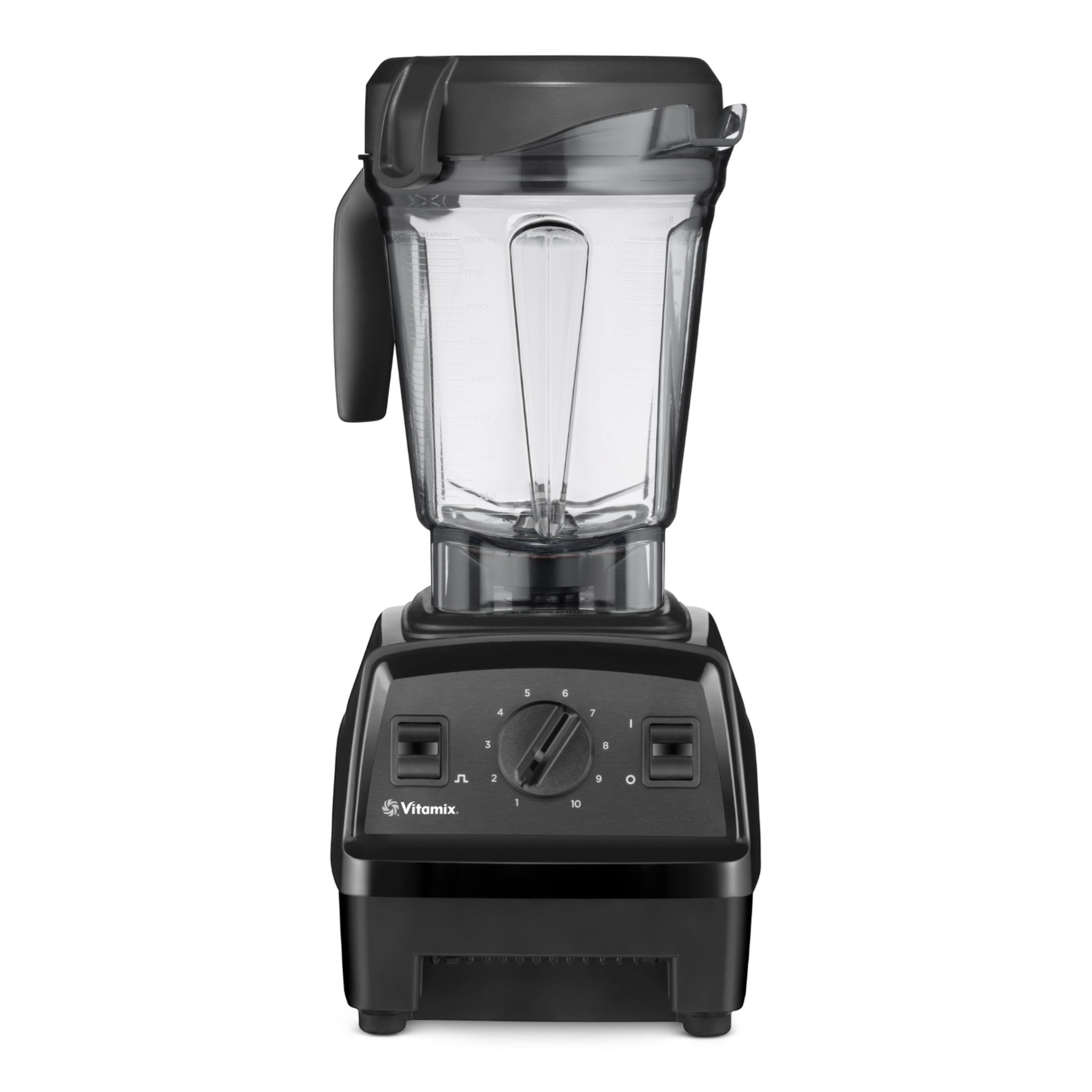 Vitamix Explorian E320 Hochleistungsmixer in Schwarz — Frontansicht mit 10-Gang-Drehregler und Pulstasten mit 2,0-L-Low-Profile-Behälter