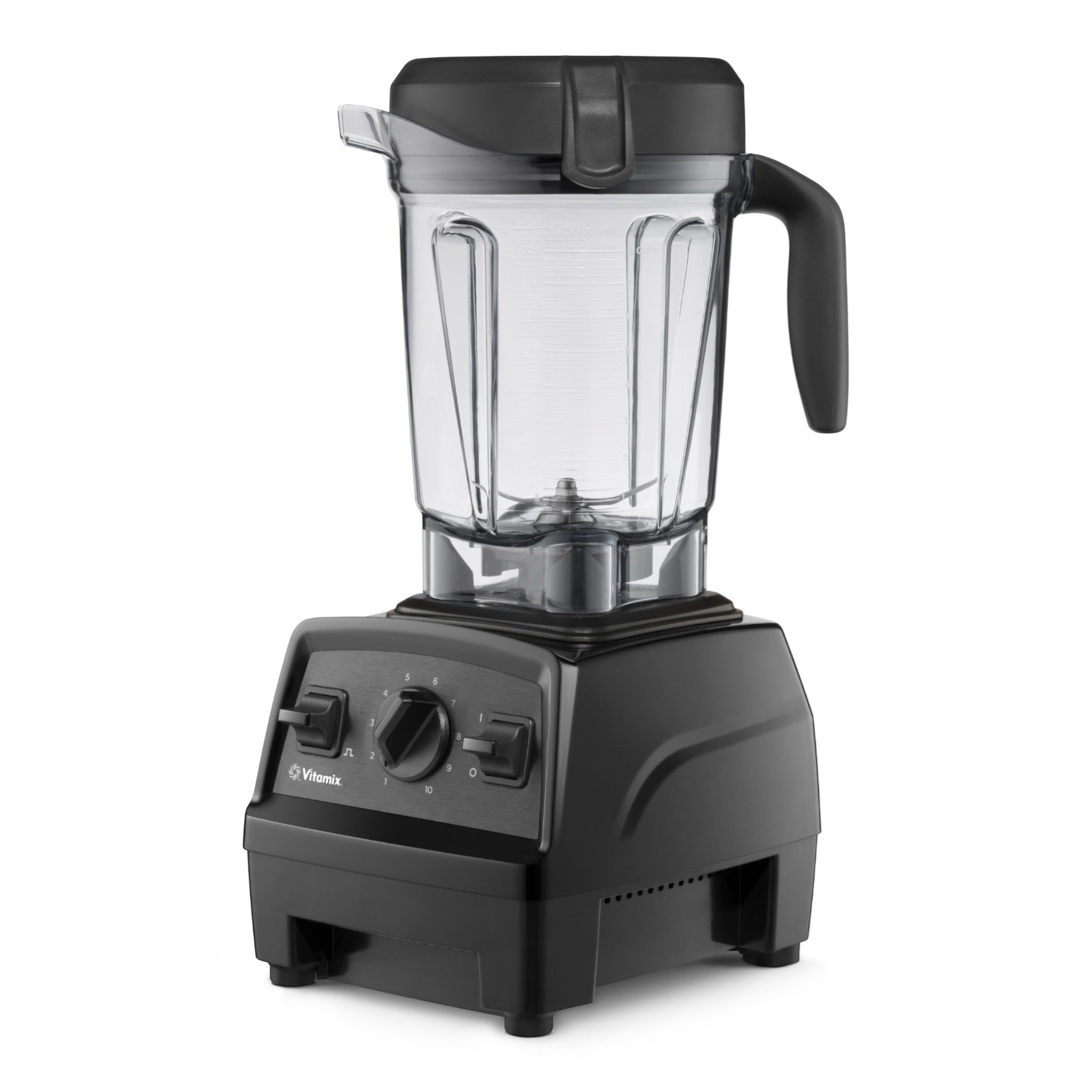 Vitamix Explorian E320 Mixer in Schwarz — linke Glamour-Perspektive mit professionellem Design und 2,0-L-selbstreinigendem Behälter mit lasergeschnittenen Edelstahlklingen