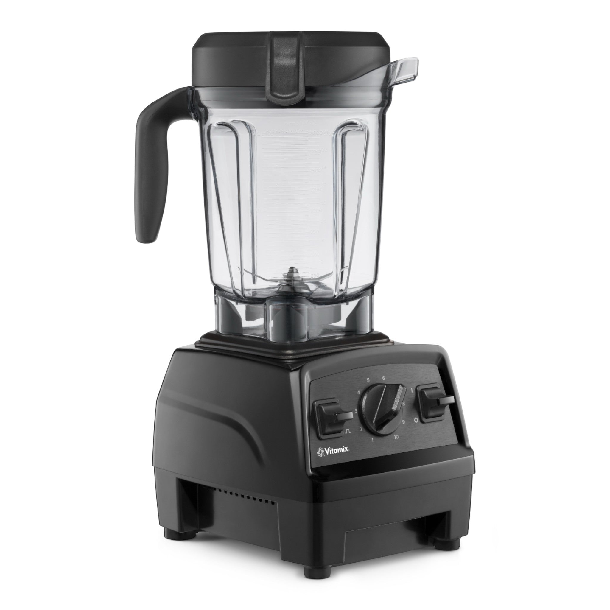 Vitamix Explorian E320 in Schwarz — rechte Glamour-Perspektive mit ergonomischem Bedienfeld und leistungsstarkem 2,0-L-BPA-freiem Behälter